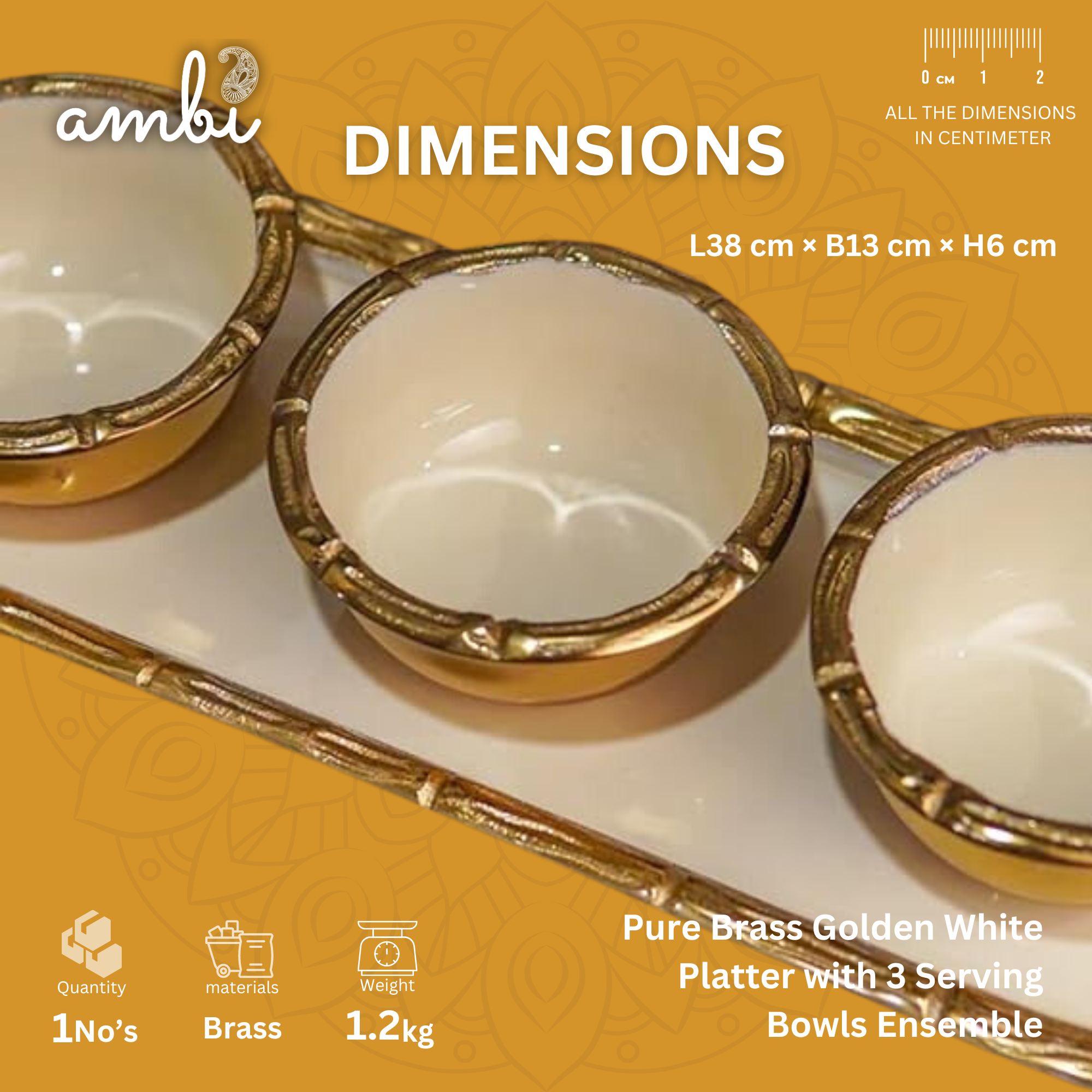 Pure Brass Golden White Platter with 3 Serving Bowls Ensemble
