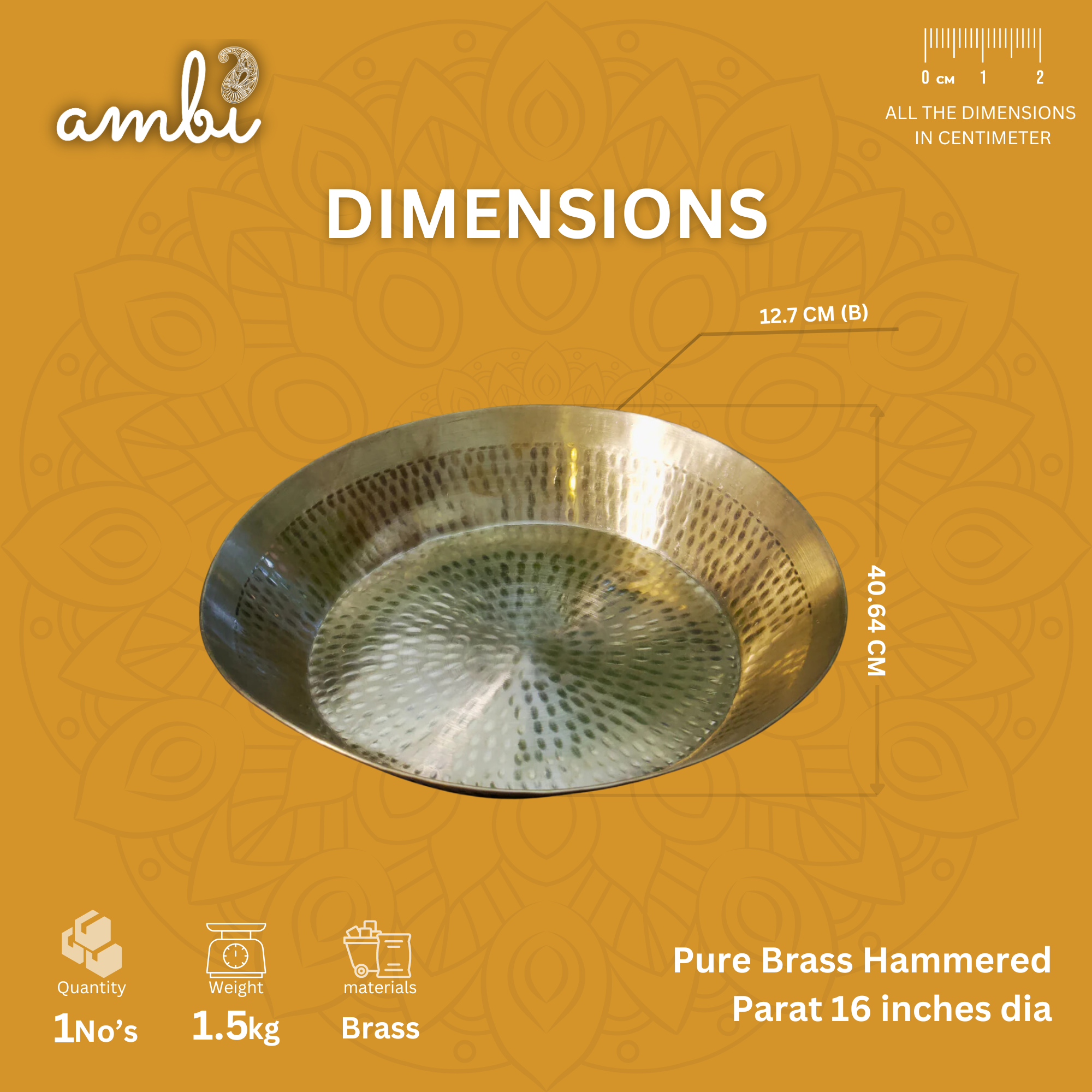 100% Pure Brass Traditional Hammered Parat - 16 inches diameter