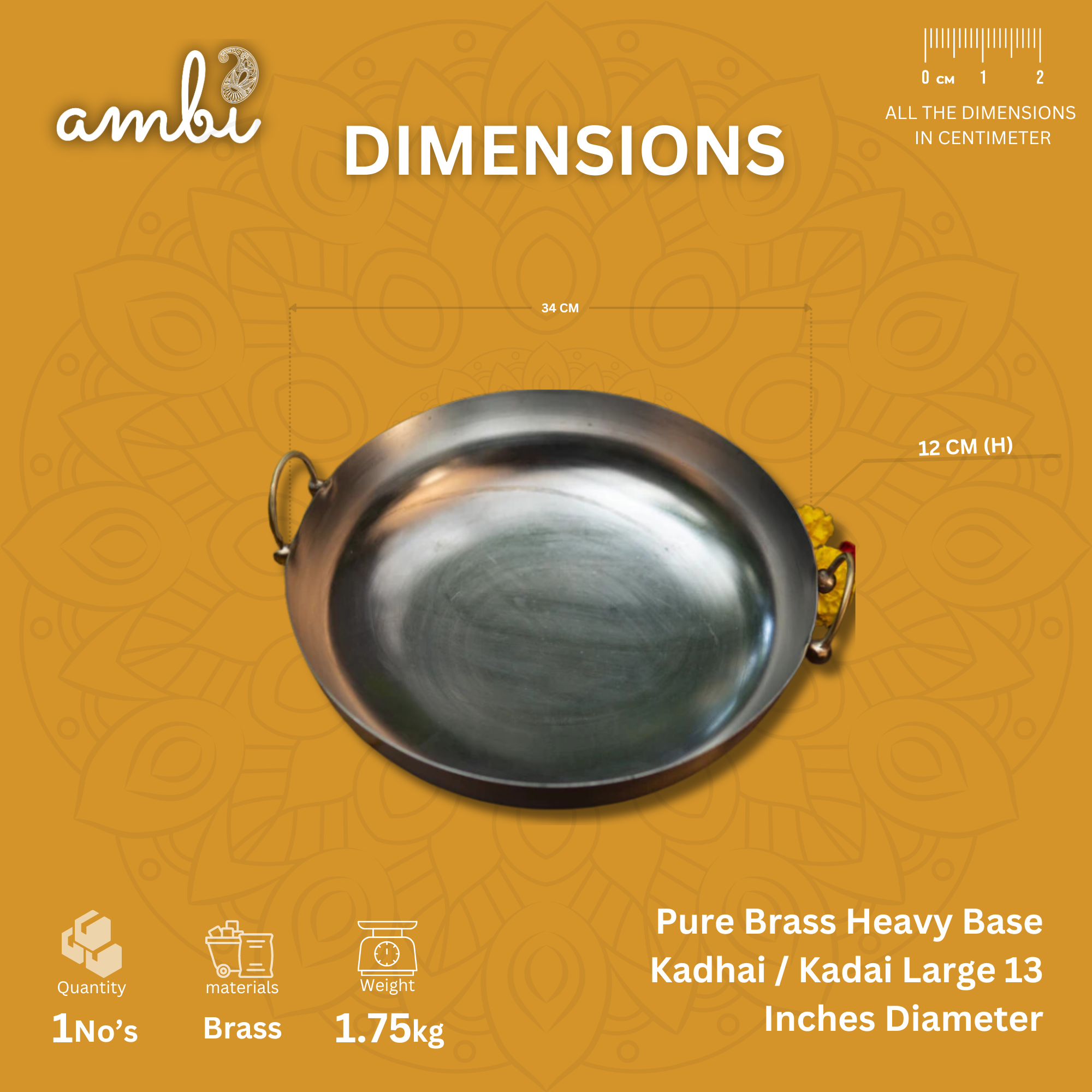 Pure Brass Heavy Base Kadhai — Large 13 Inches | 1.75 KG | Ambi