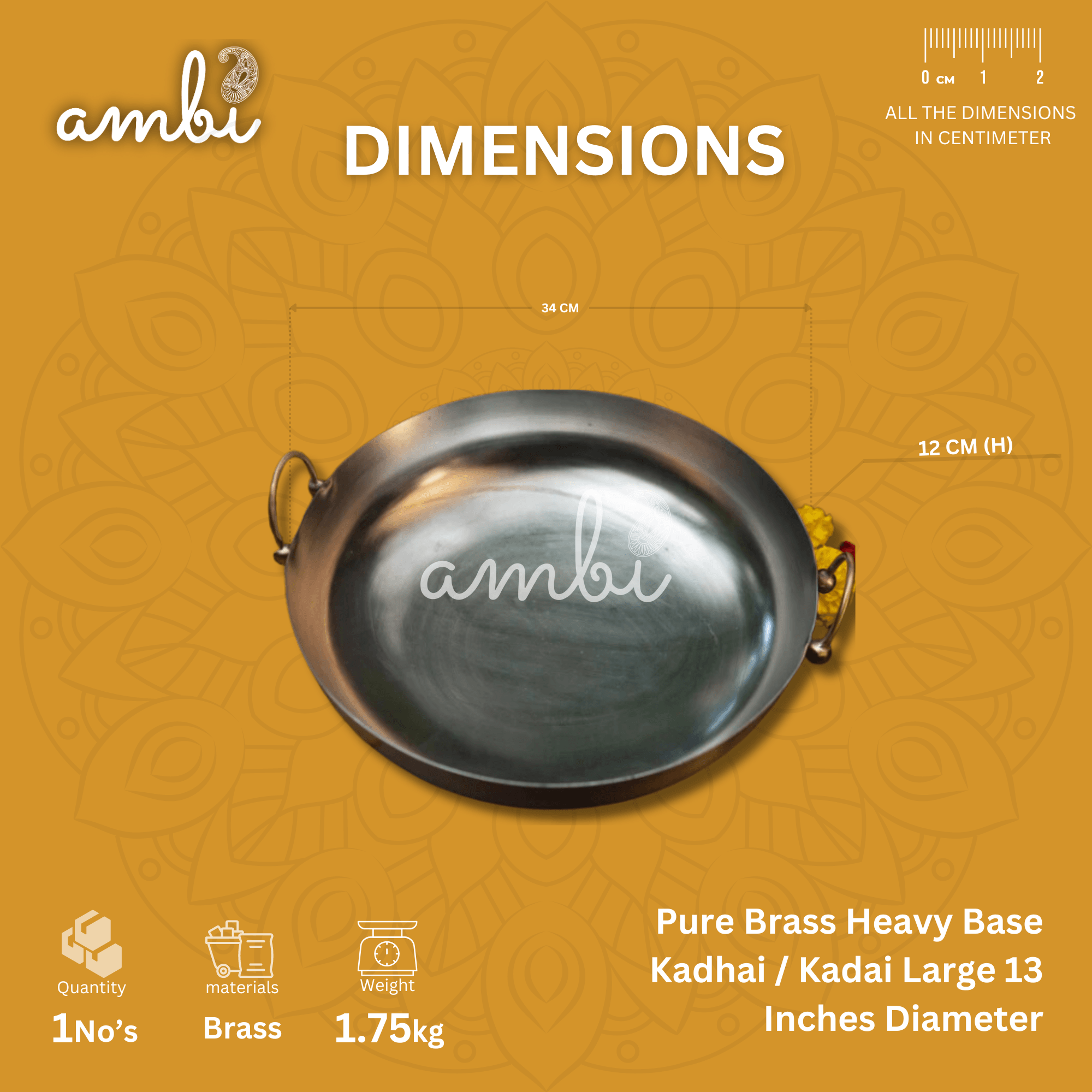 Pure Brass Heavy Base Kadhai / Kadai Large - 13 Inches Diameter