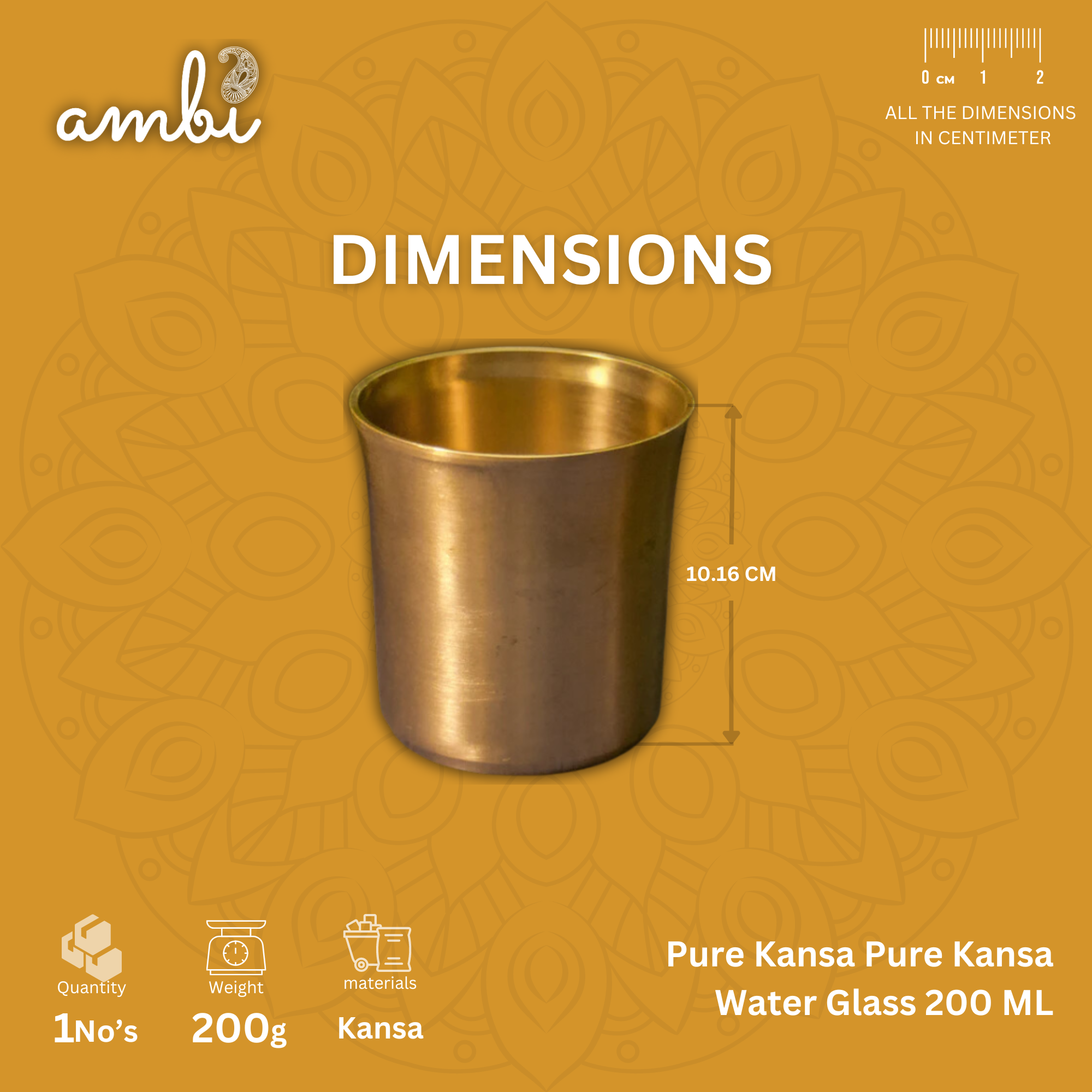 AMBI Pure 100% Lead Free Kansa (Bronze) Water Glass Curved Rim - 300 ML