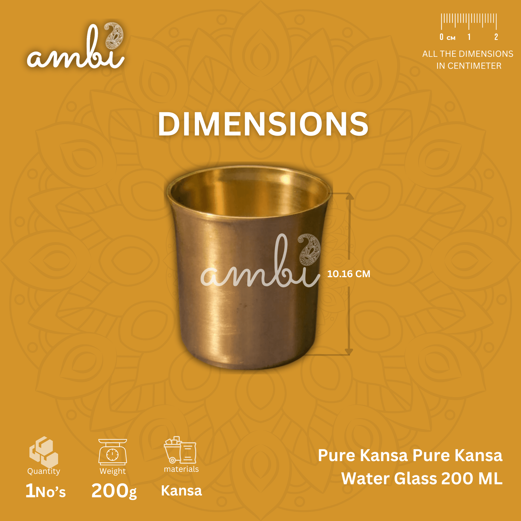 AMBI Pure 100% Lead Free Kansa (Bronze) Water Glass Curved Rim - 300 ML