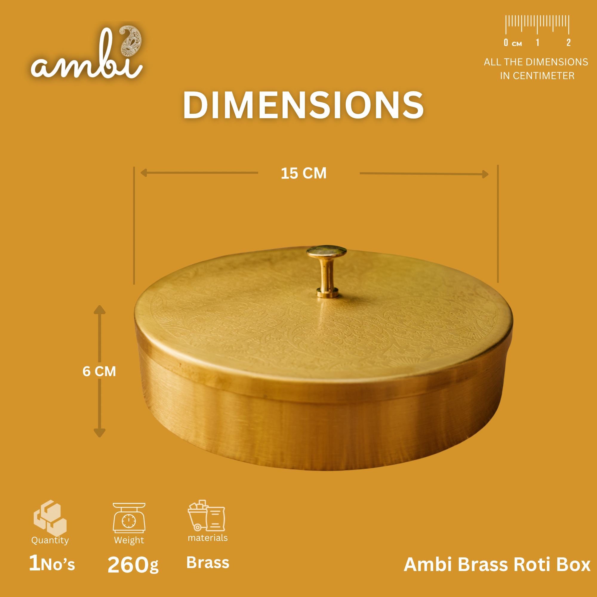 Ambi Pure Brass Elegant Etched Small Round Storage Box / Tiffin Box