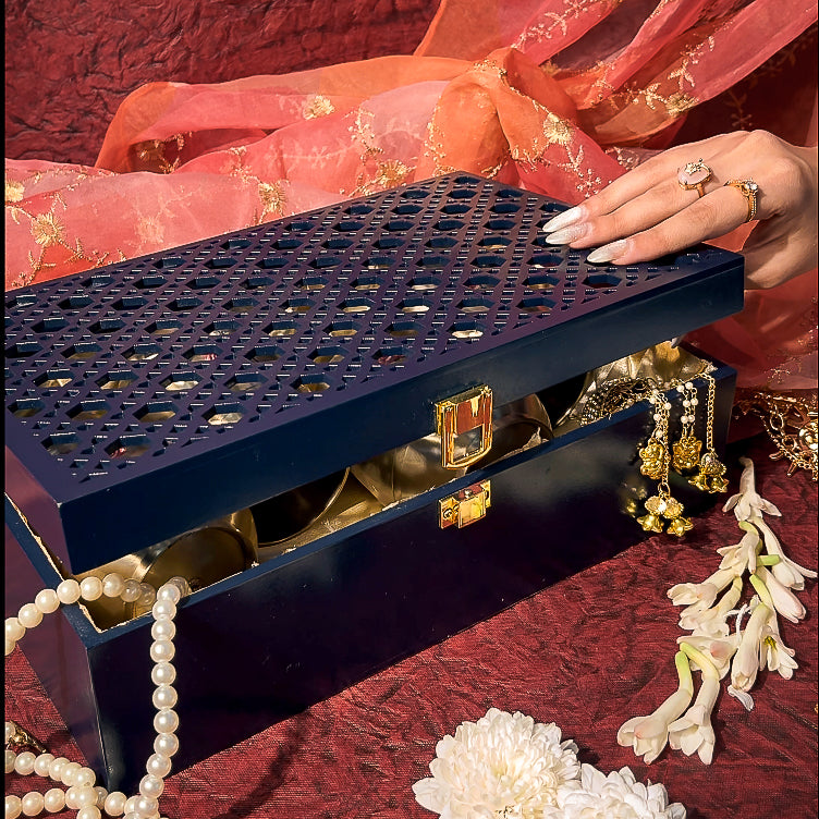 AMBI Premium Noor Jaali Wooden Gift Box – Navy Blue