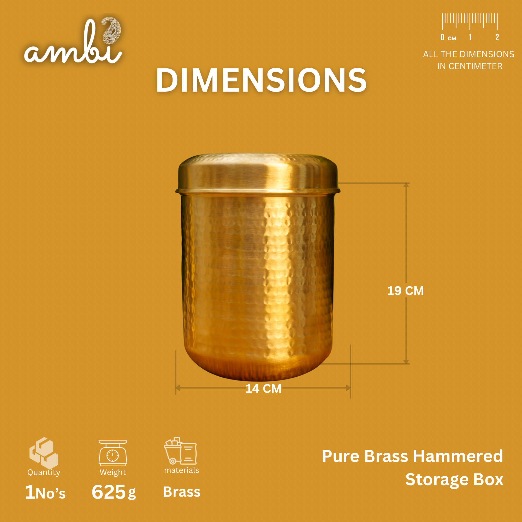 Pure Brass Hammered Kitchen Storage Box for Flour, Spices, Pulses etc - 3 Litres