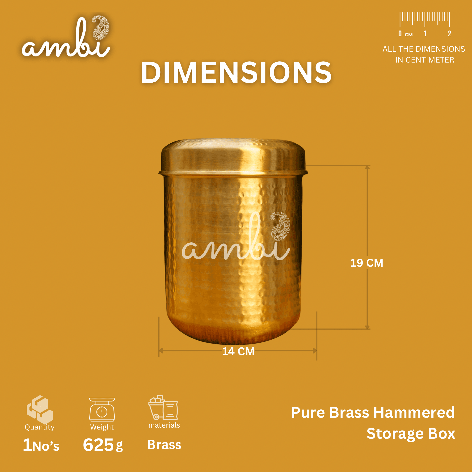 Pure Brass Hammered Kitchen Storage Box for Flour, Spices, Pulses etc - 3 Litres