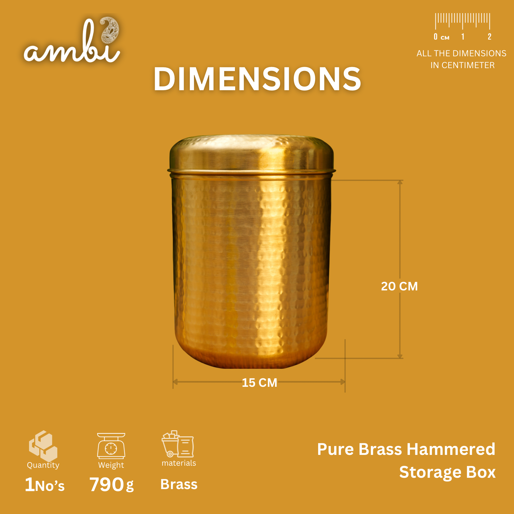 Pure Brass Hammered Kitchen Storage Box for Flour, Spices, Pulses etc - 3.5 Litres
