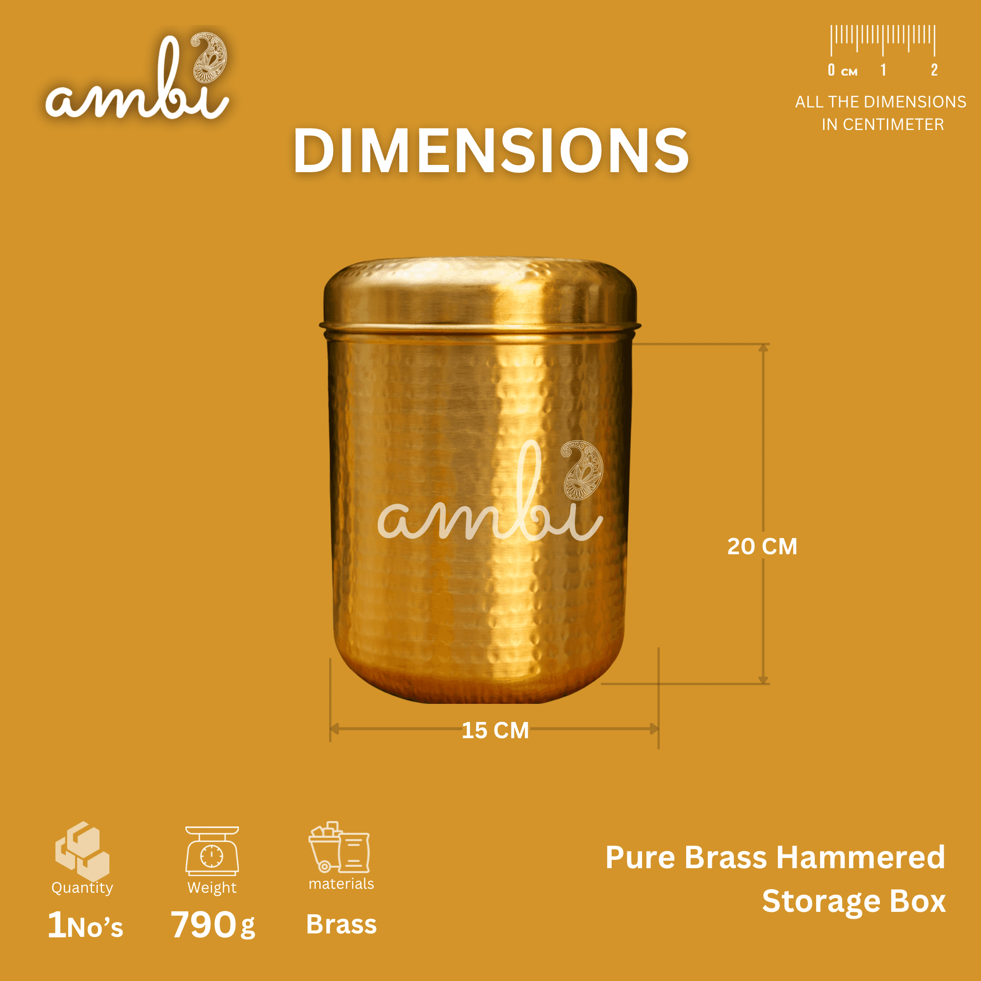 Pure Brass Hammered Kitchen Storage Box for Flour, Spices, Pulses etc - 3.5 Litres