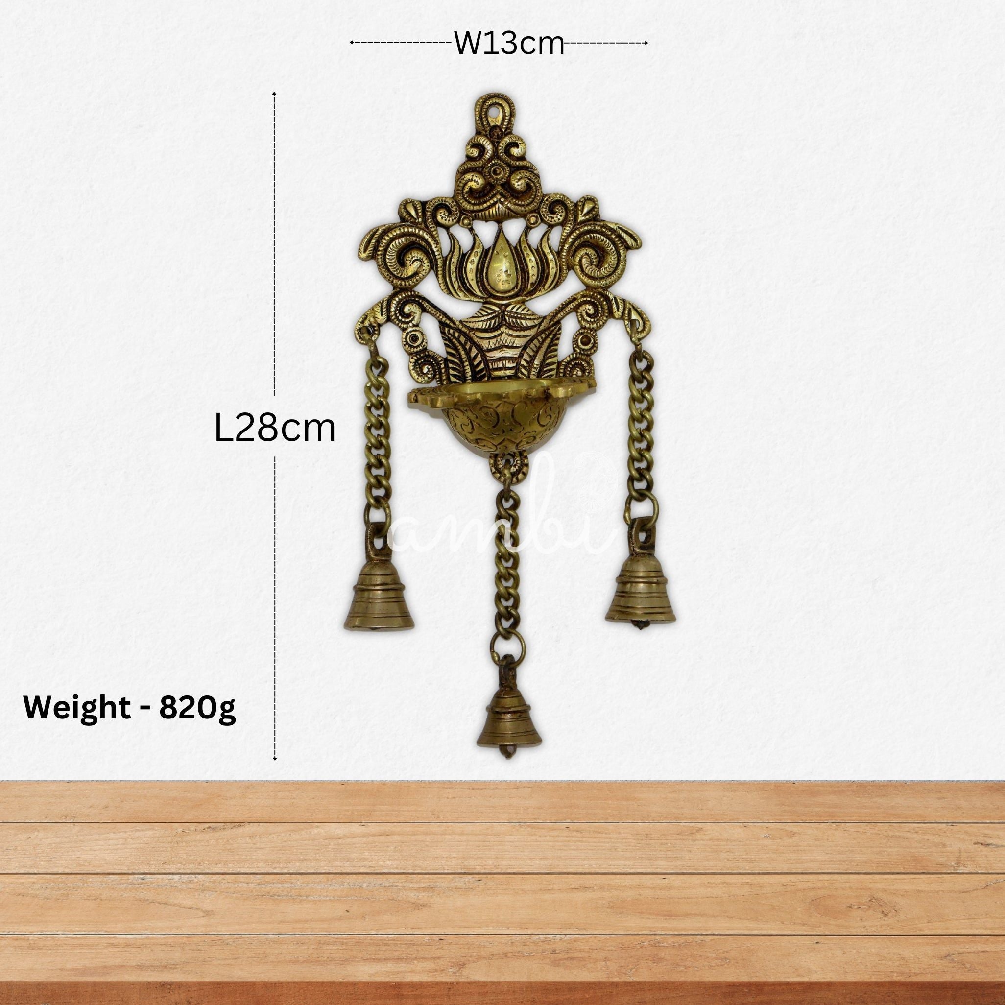 Pure Brass Antique Style Hanging Diya with Bells