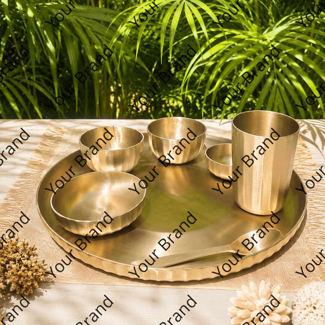 Ambi Exclusive – India's Only Ribbed Edges Kansa Designer Thali Set | 100% Lead-Free | 7 Pieces