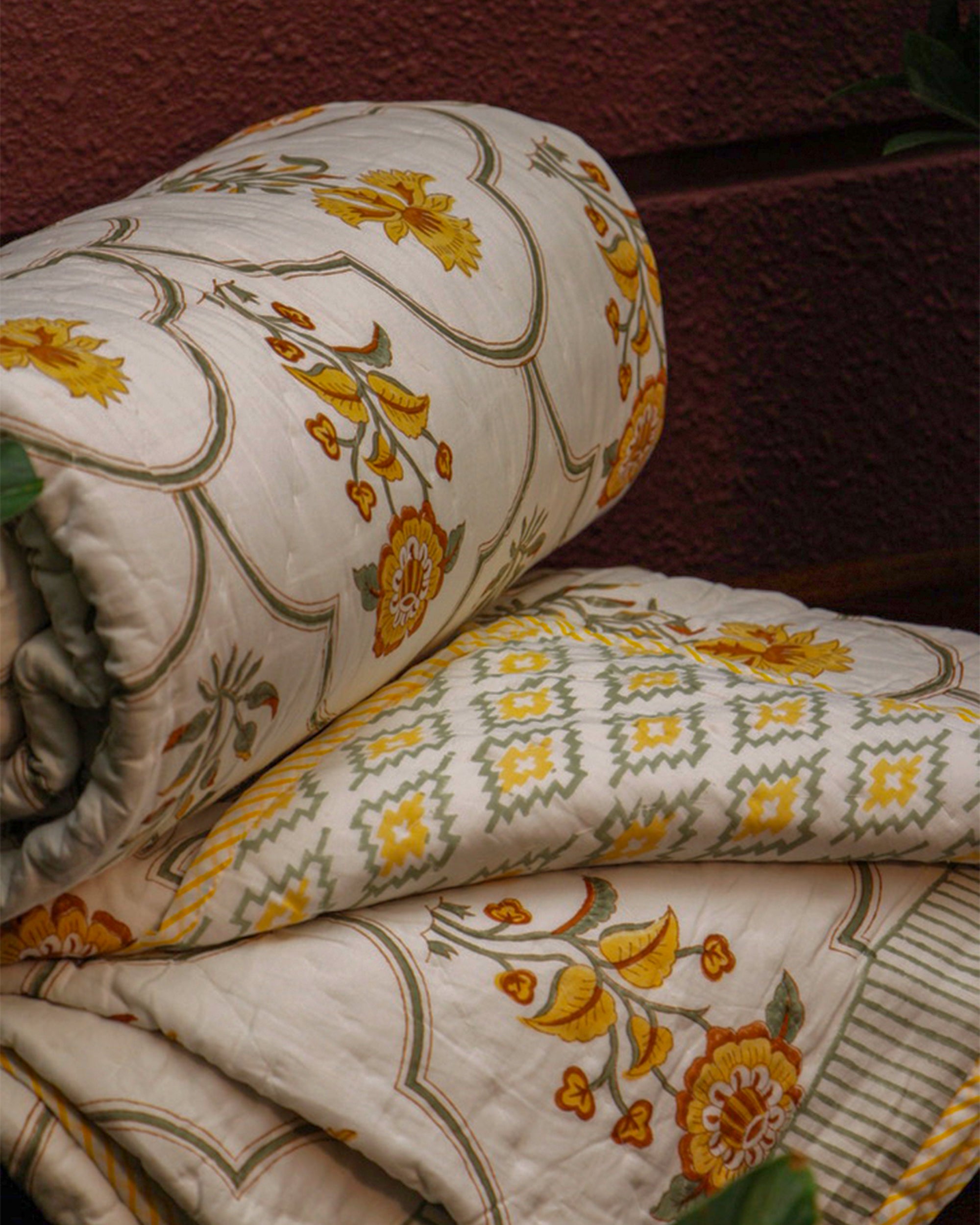 Diwali 2025 Collection - Floral Yellow Hand Block Printed Jaipuri / Rajai Quilt- Double - 90X108 Inches