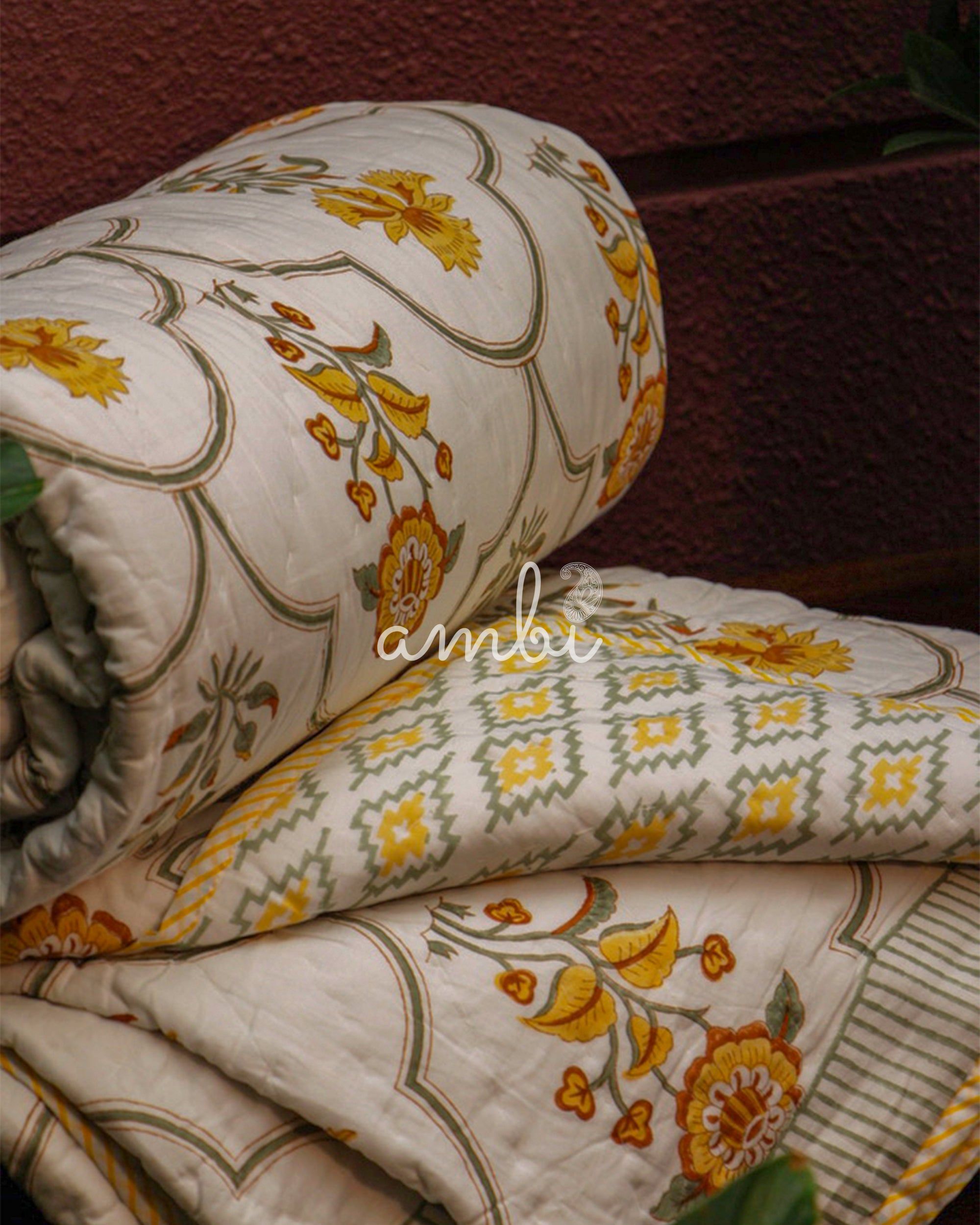 2026 Collection - Floral Yellow Hand Block Printed Jaipuri / Rajai Quilt- Double - 90X108 Inches