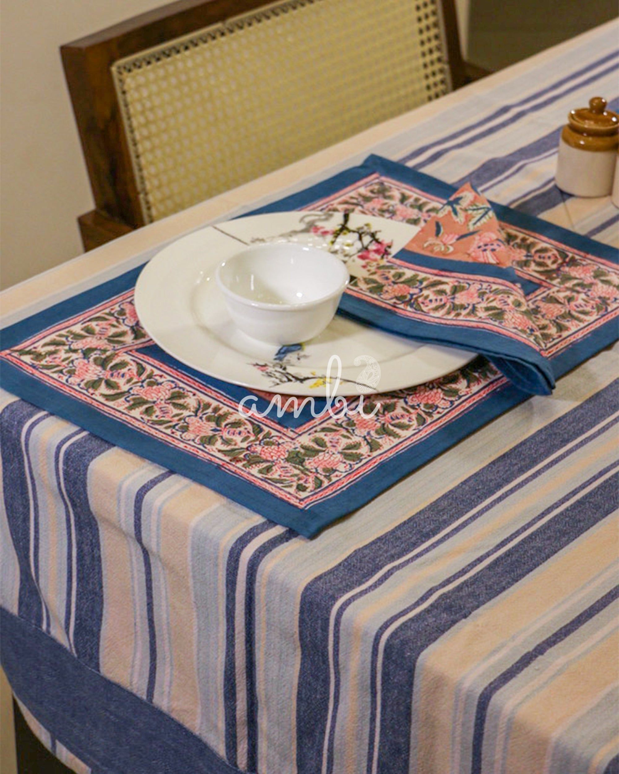 2026 Collection - Hand Block Printed 6 Table Mats + 6 Table Napkins