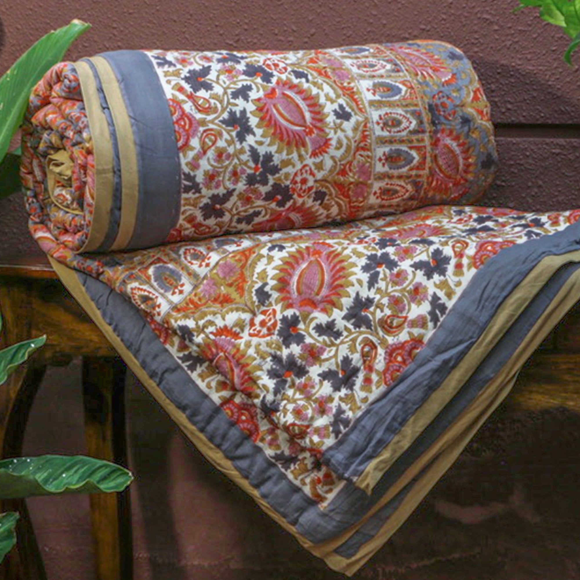 Diwali 2025 Collection - Pink & Light Blue Hand Block Printed Jaipuri Rajai / Quilt- Double - 90X108 Inches