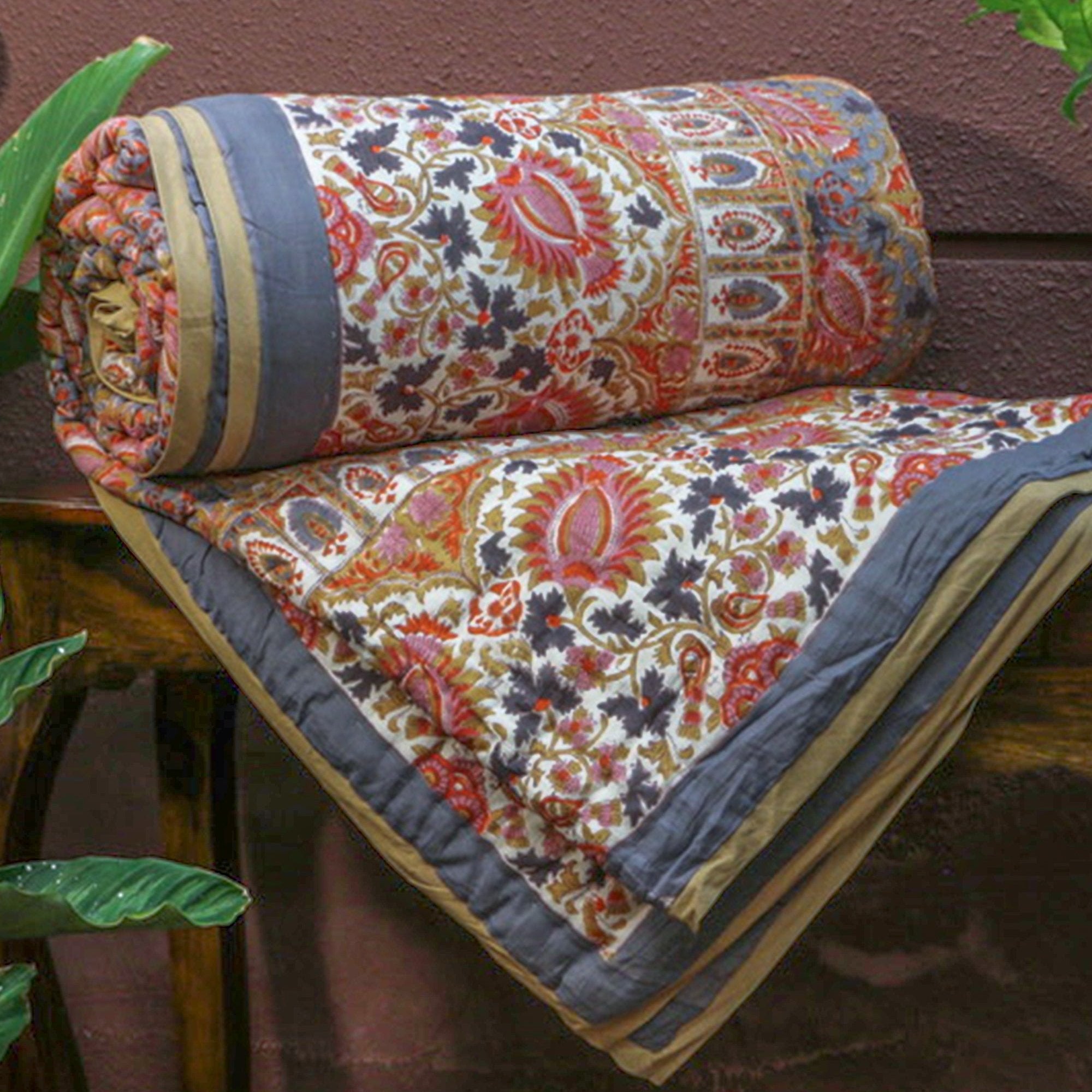 2026 Collection - Pink & Light Blue Hand Block Printed Jaipuri Rajai / Quilt- Double - 90X108 Inches
