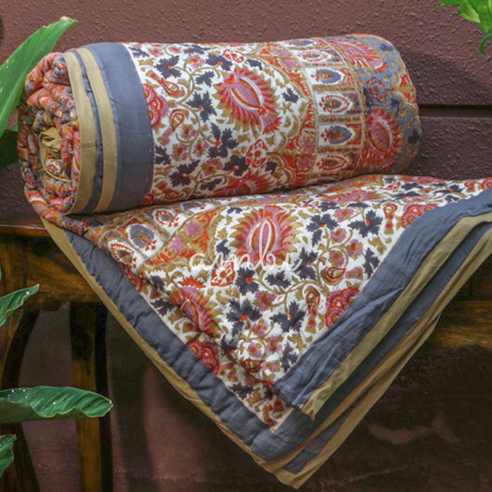 2026 Collection - Pink & Light Blue Hand Block Printed Jaipuri Rajai / Quilt- Double - 90X108 Inches