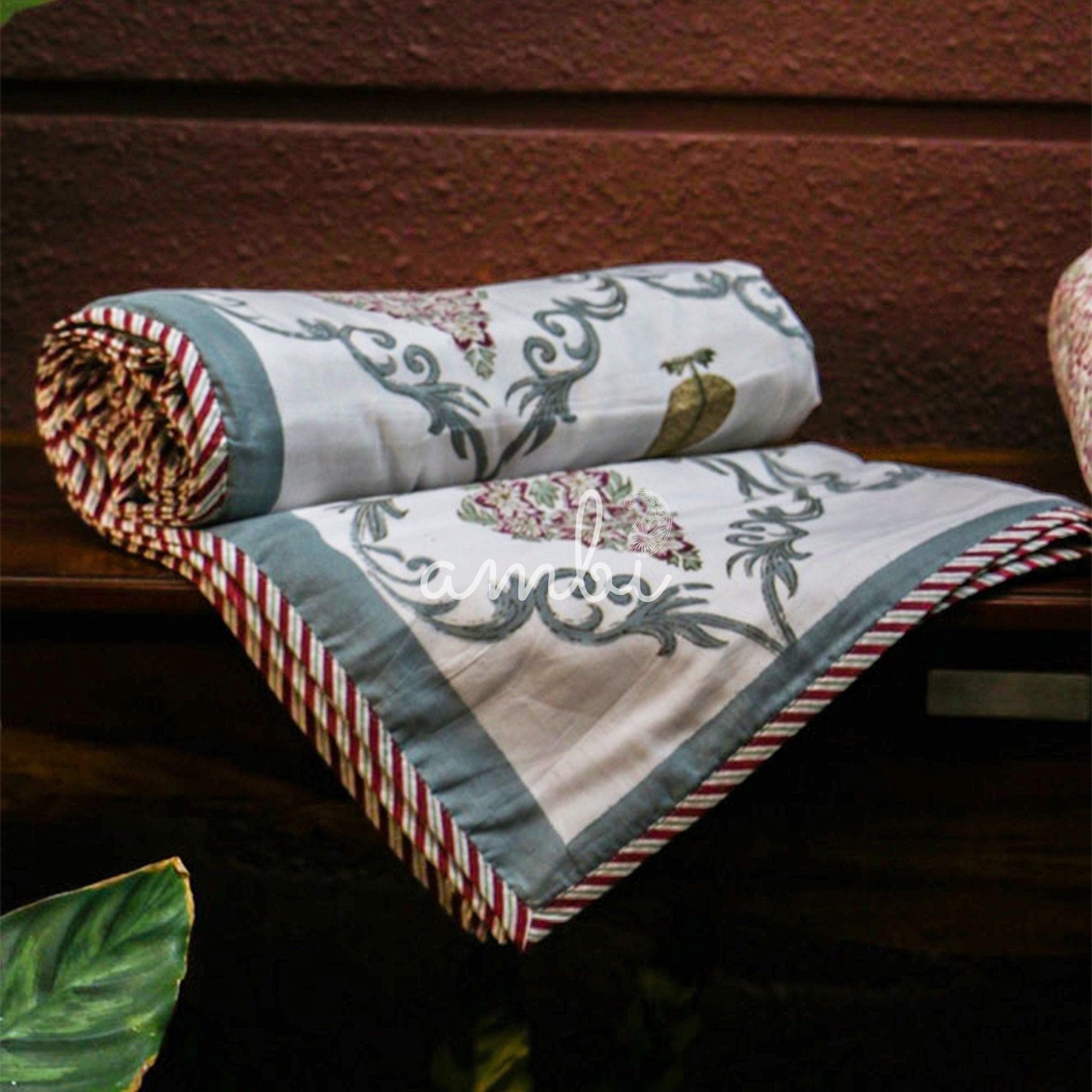 2026 Collection - White Floral Jaipuri Floral Mulmul Triple Layer Reversible Dohar (Single Bed, Pair of 2) - 60X90 Inches