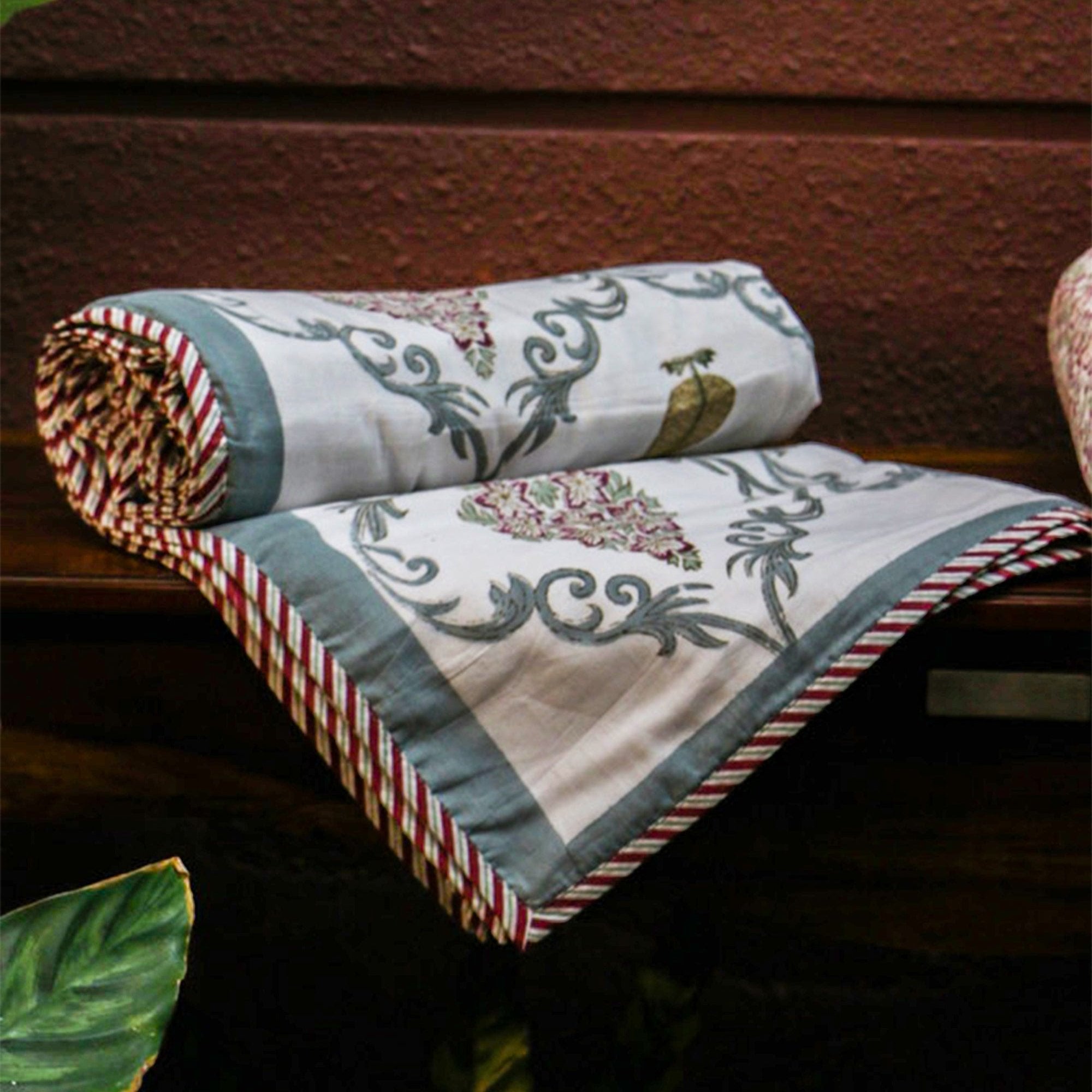 2026 Collection - White Floral Jaipuri Floral Mulmul Triple Layer Reversible Dohar (Single Bed, Pair of 2) - 60X90 Inches
