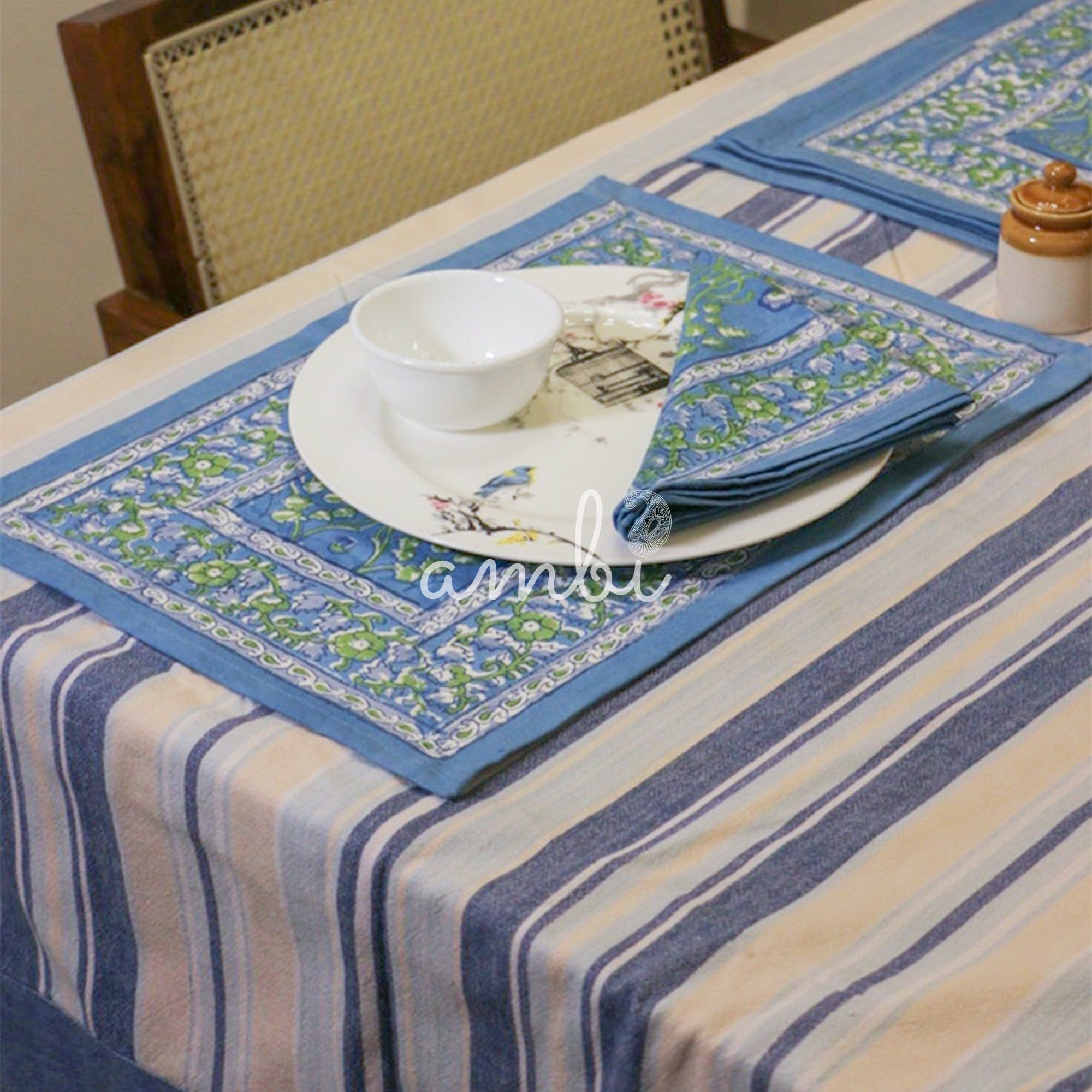 2026 Collection - Hand Block Printed 6 Table Mats + 6 Table Napkins + Runner