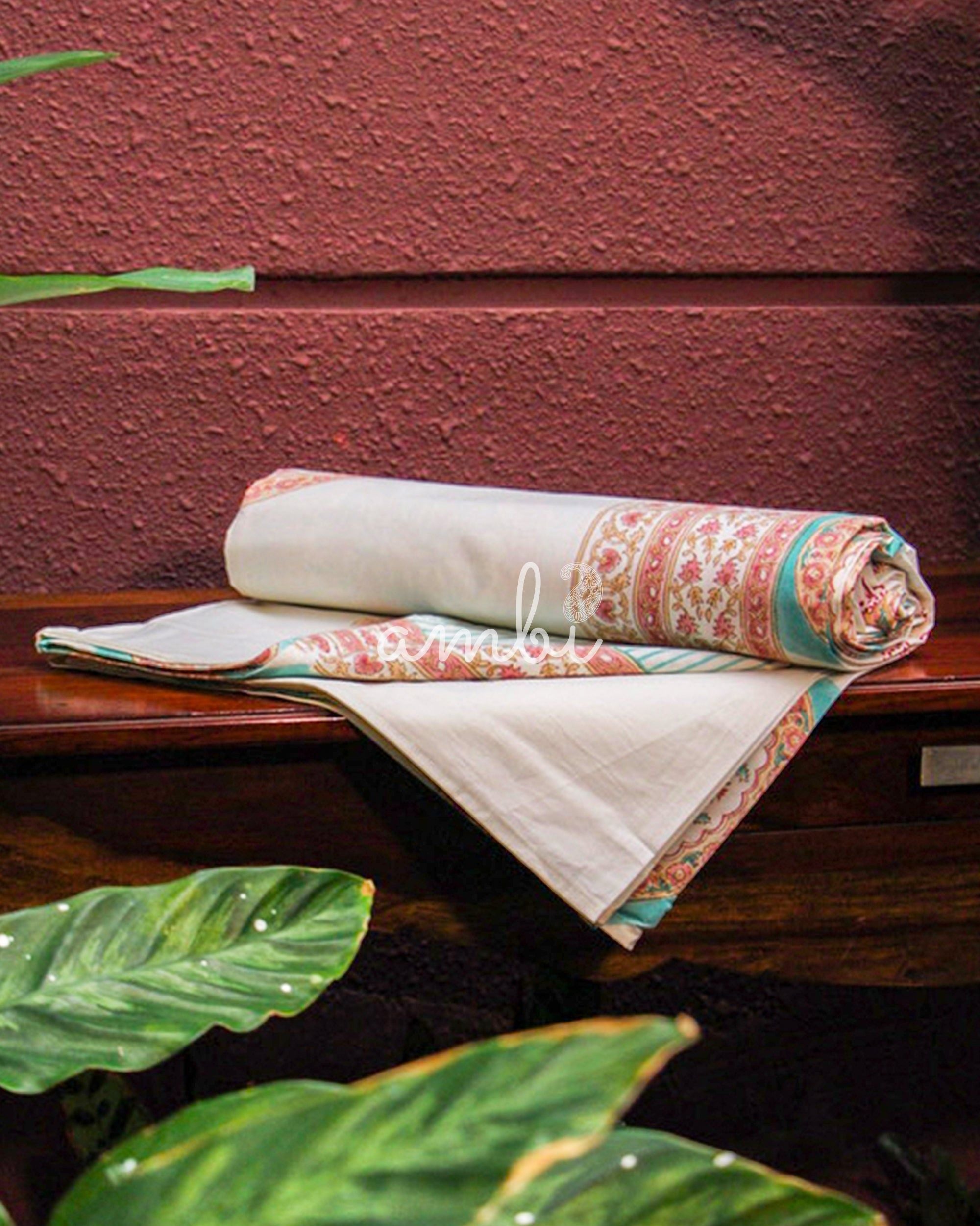 2026 Collection - Orange Blossom Jaipuri Hand Block Pure Cotton Parkhel Print Double Bedsheet with 2 Pillow Covers - 108X108 Inches