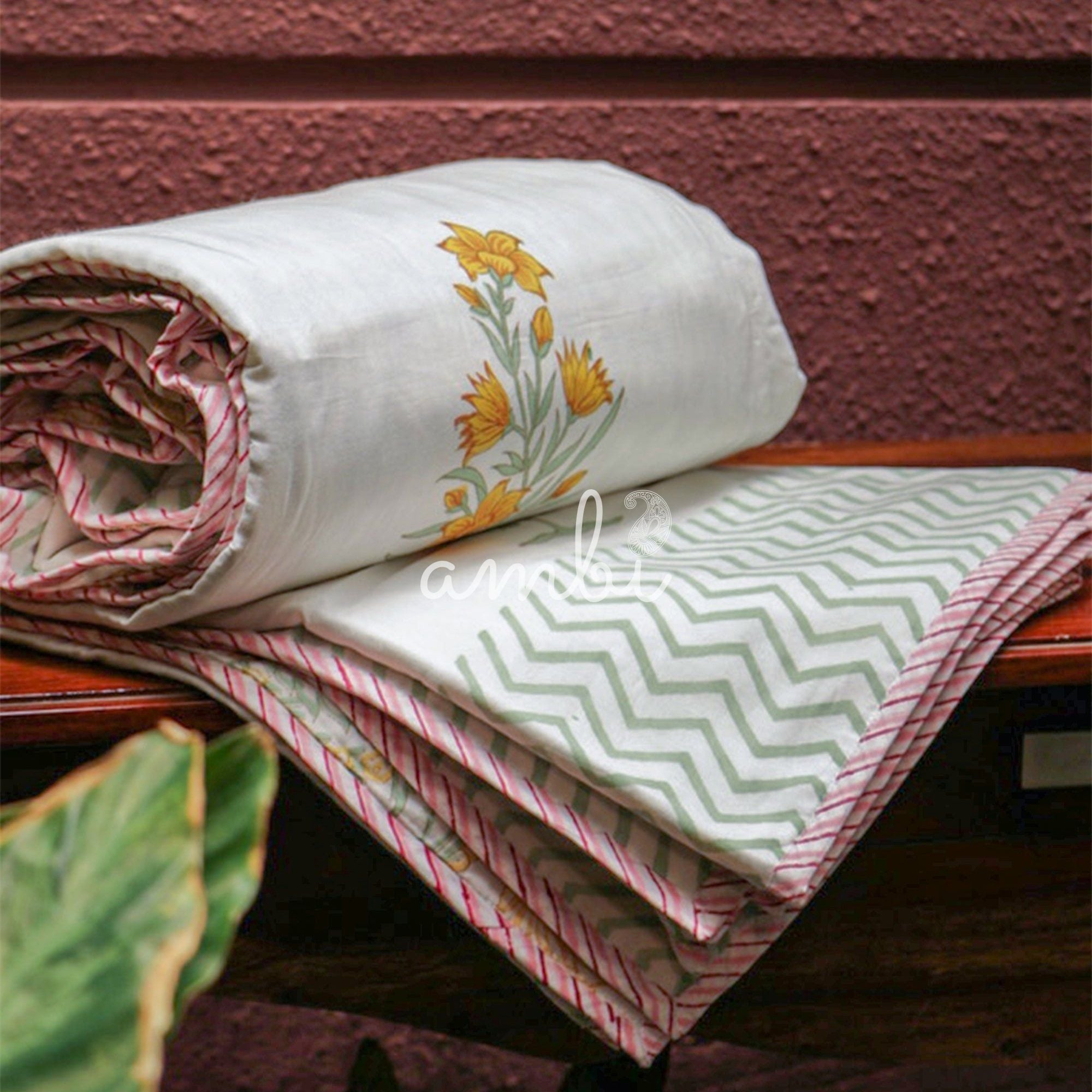 2026 Collection - Jaipuri Orange Floral Mulmul Triple Layer Reversible Dohar (Double Bed) - 90X108 Inches