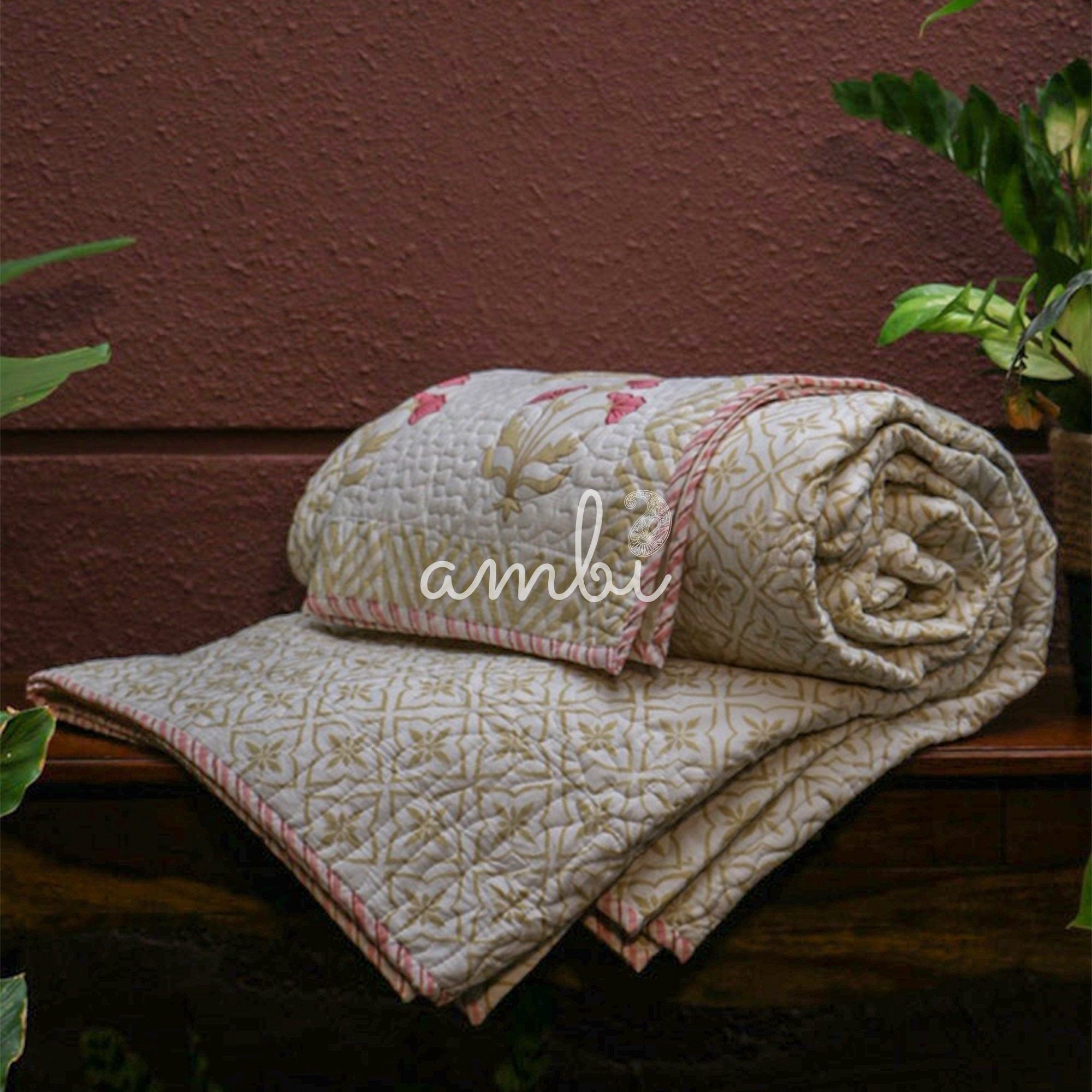 2026 Collection - Bed Cover - Yellow Red Hand Block Printed Jaipuri Quilted Bed Cover with 2 Pillow Covers- Double - 108X108 Inches