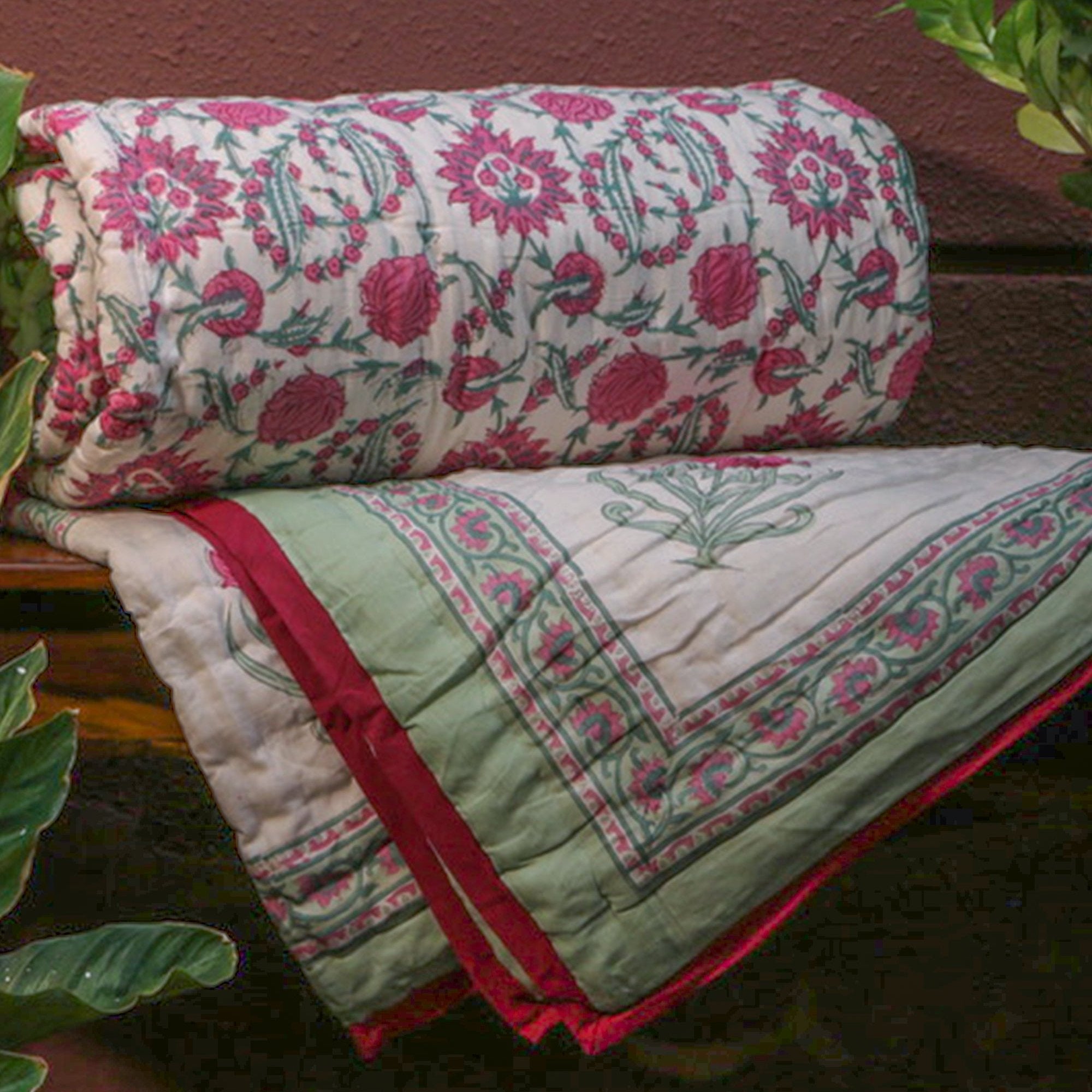 Diwali 2025 Collection.- Pink & Green Hand Block Printed Jaipuri Rajai / Quilt- Double - 90X108 Inches