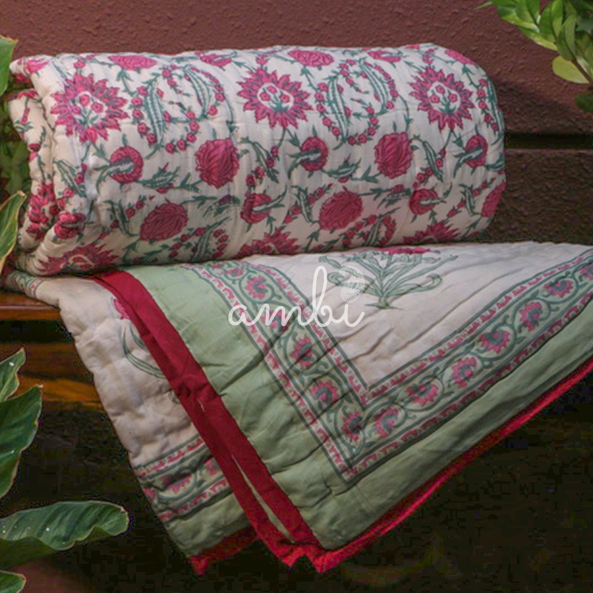 2026 Collection - Pink & Green Hand Block Printed Jaipuri Rajai / Quilt- Double - 90X108 Inches
