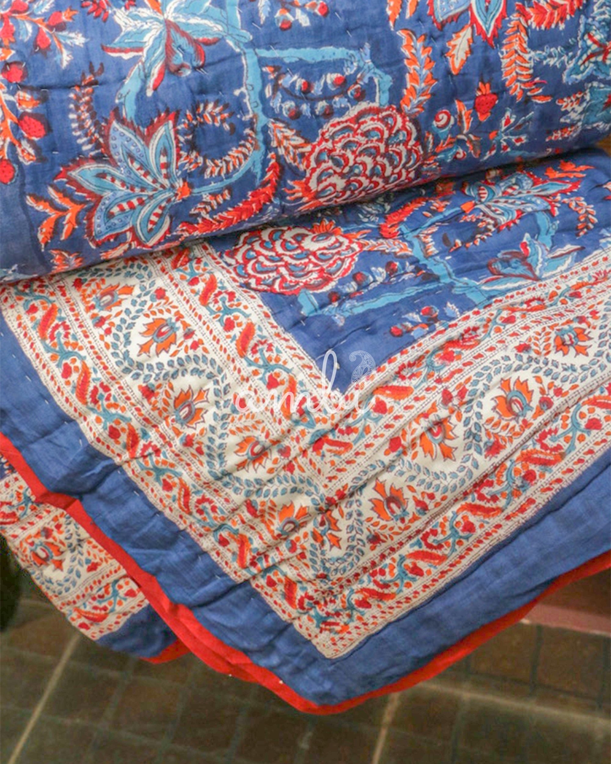 2026 Collection - Dark Blue and Red Hand Block Printed Jaipuri Rajai / Quilt- Double - 90X108 Inches