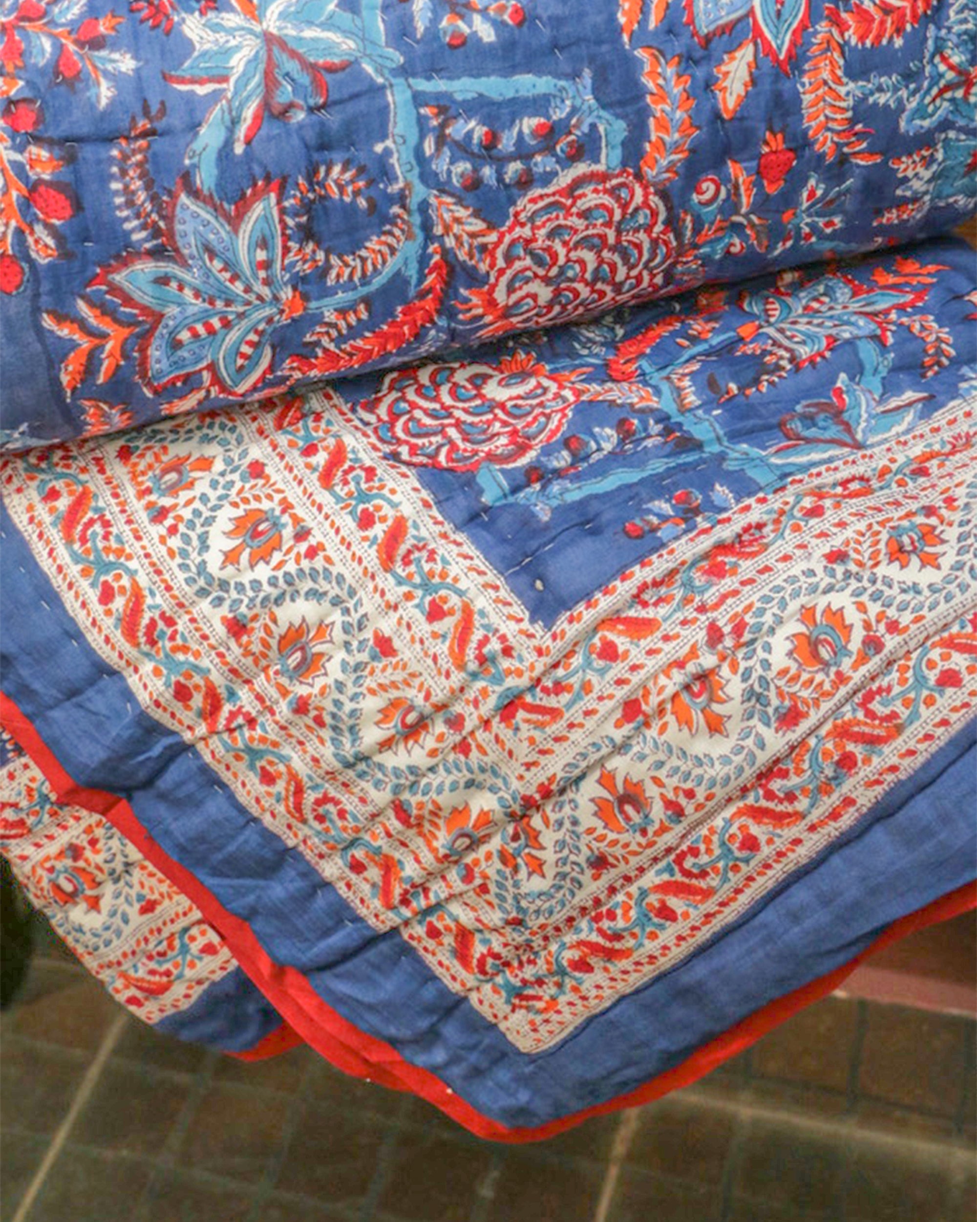 2026 Collection - Dark Blue and Red Hand Block Printed Jaipuri Rajai / Quilt- Double - 90X108 Inches