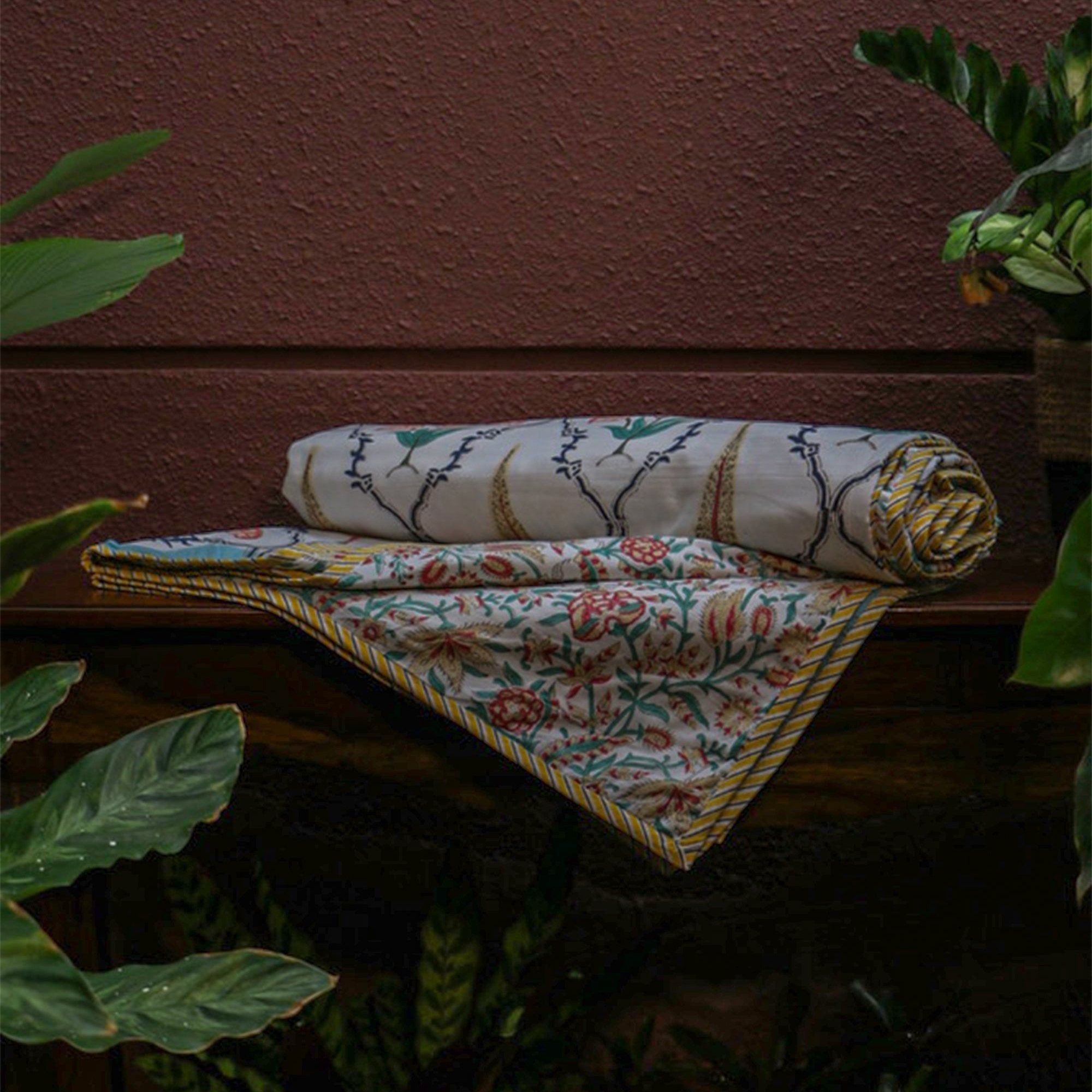 Diwali 2025 Collection - Jaipuri White Multicolor Mulmul Triple Layer Reversible Dohar (Double Bed) - 90X108 Inches