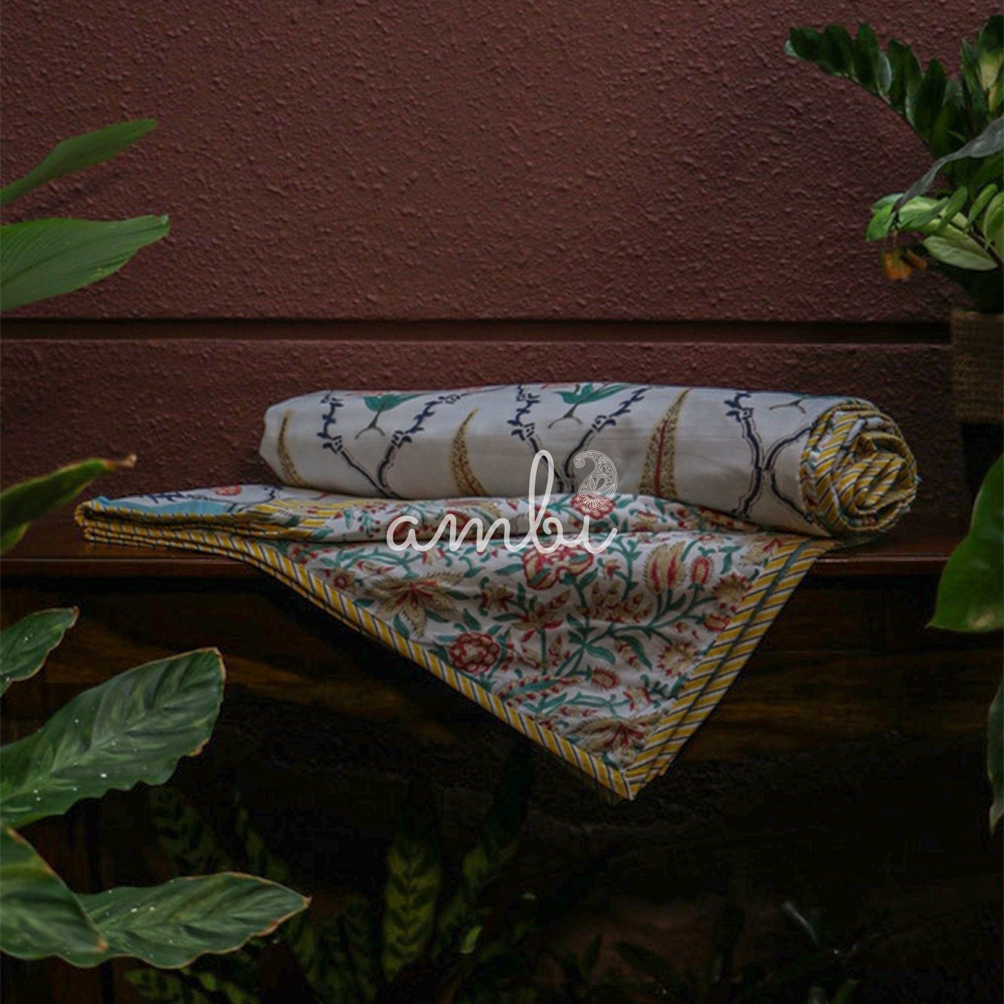 2026 Collection - Jaipuri White Multicolor Mulmul Triple Layer Reversible Dohar (Double Bed) - 90X108 Inches