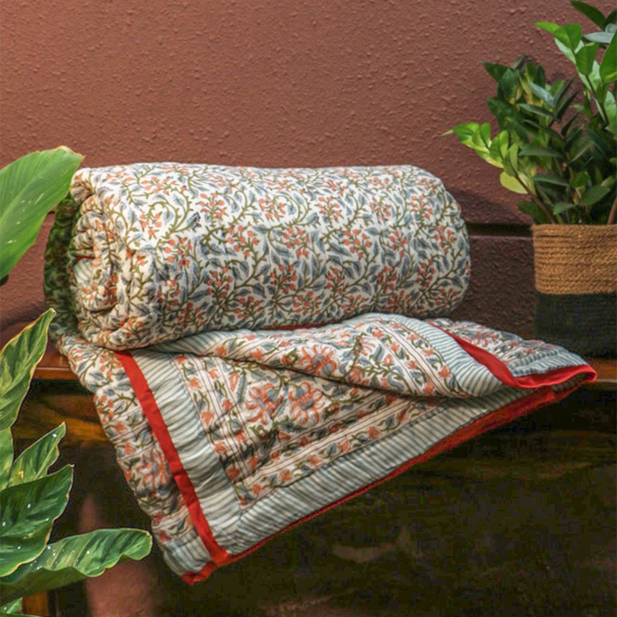 2026 Collection - Pink Flowers Hand Block Printed Jaipuri Rajai Quilt- Double - 90X108 Inches