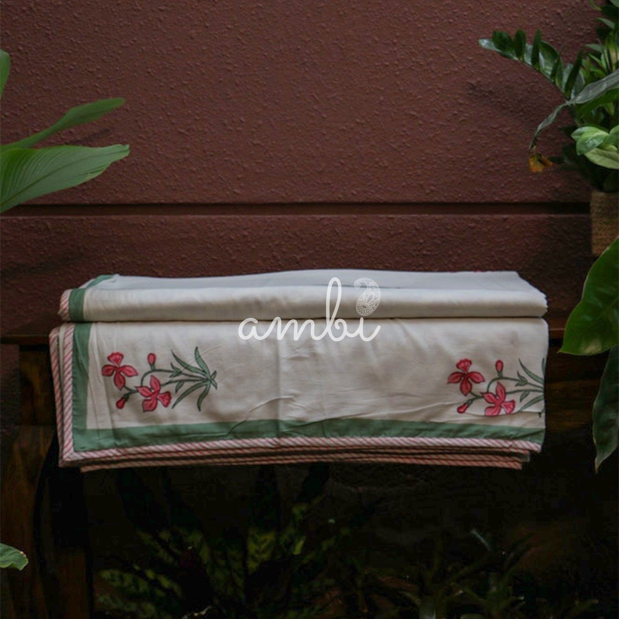 2026 Collection - Jaipuri Pink Motif Floral Mulmul Triple Layer Reversible Dohar (Double Bed) - 90X108 Inches