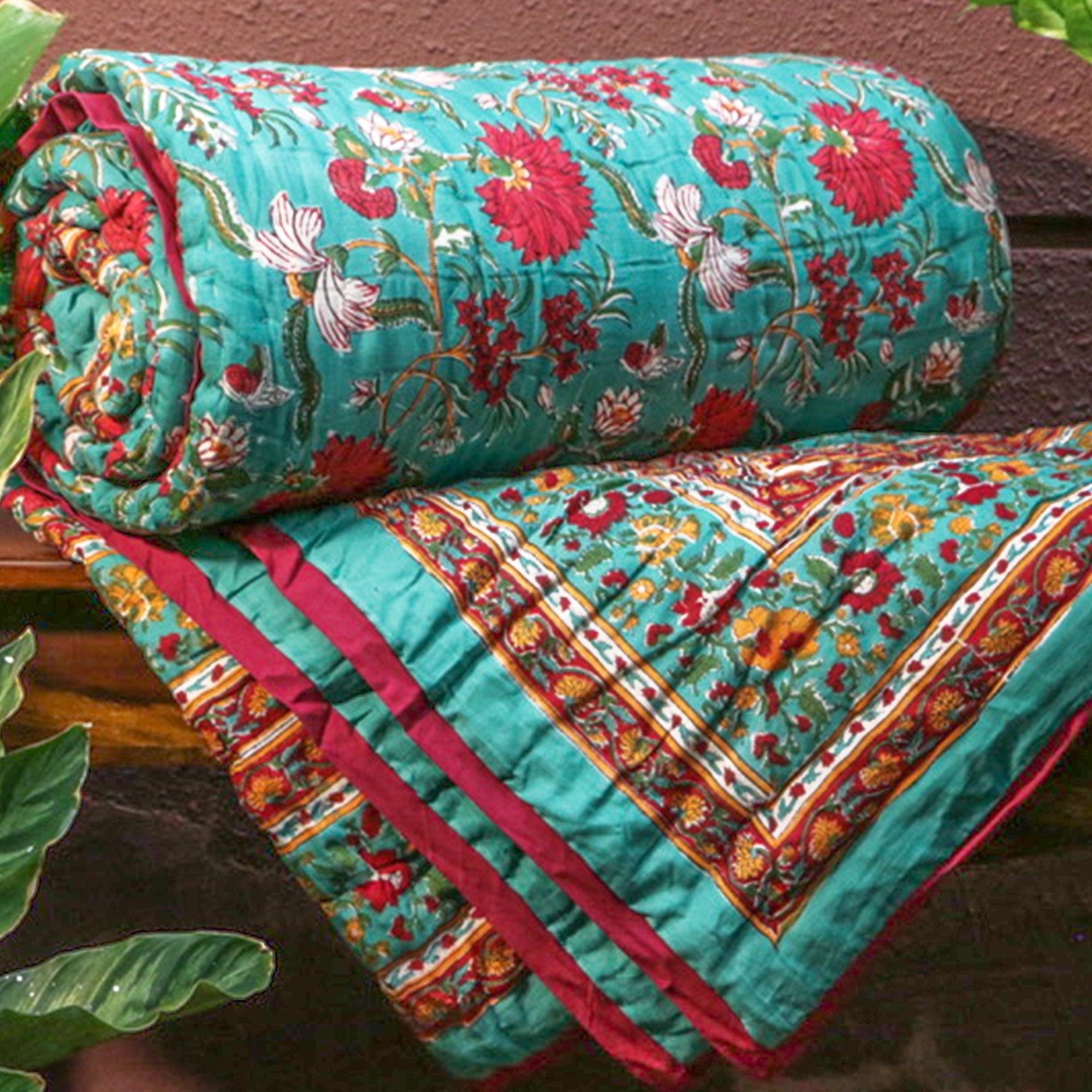 2026 Collection - Green & Red Hand Block Printed Jaipuri Rajai / Quilt- Double - 90X108 Inches