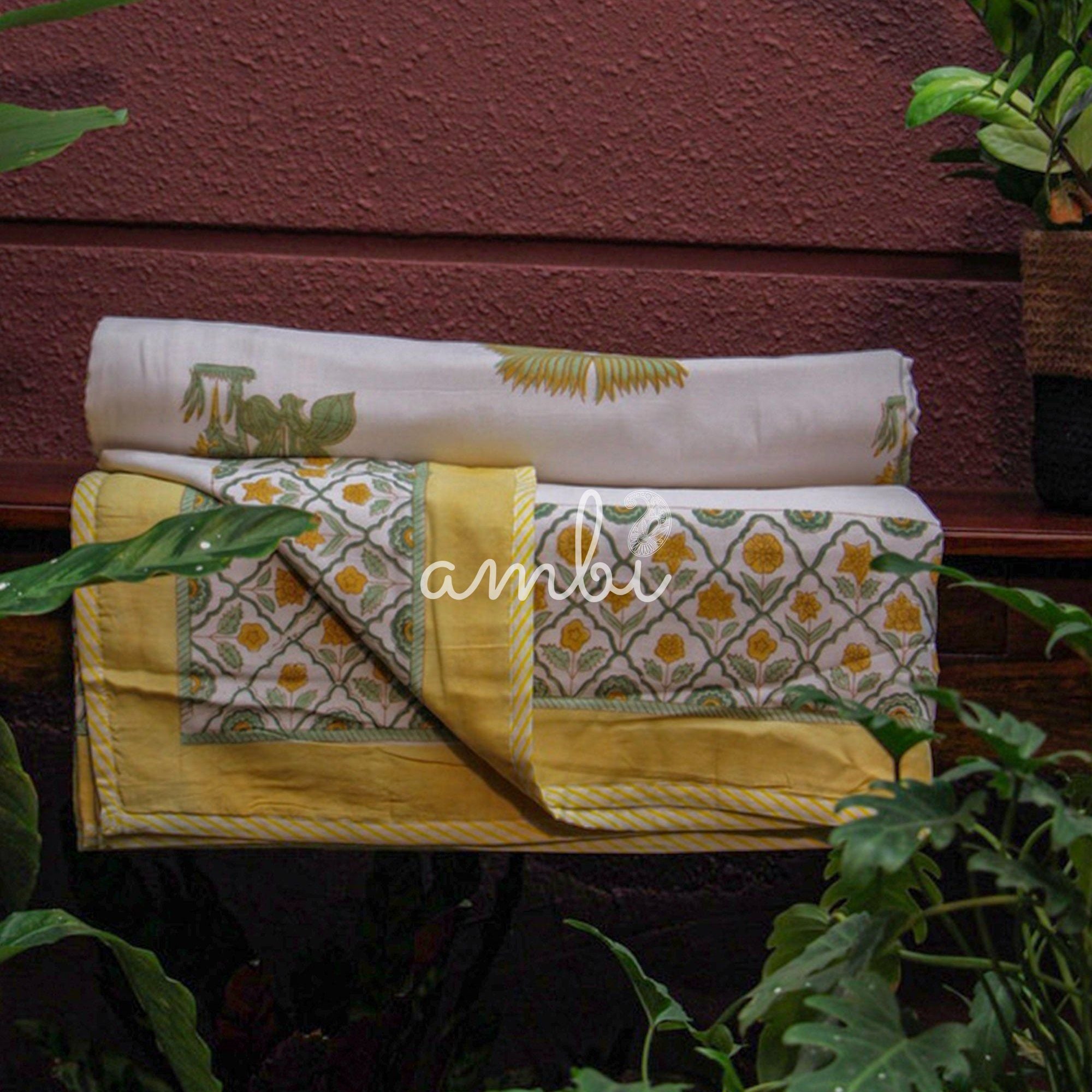 2026 Collection - Jaipuri Yellow Floral Mulmul Triple Layer Reversible Dohar (Double Bed) - 90X108 Inches