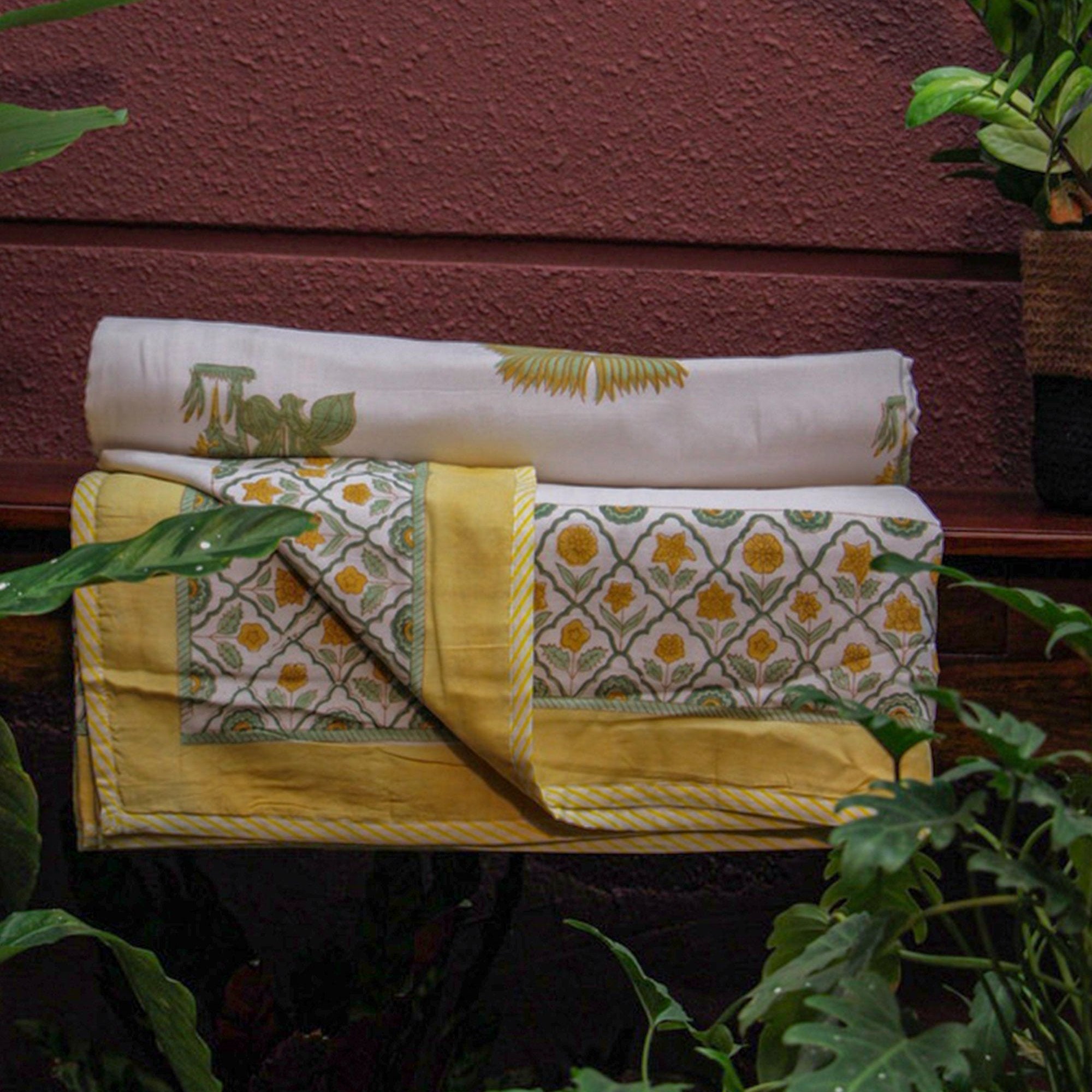 2026 Collection - Jaipuri Yellow Floral Mulmul Triple Layer Reversible Dohar (Double Bed) - 90X108 Inches