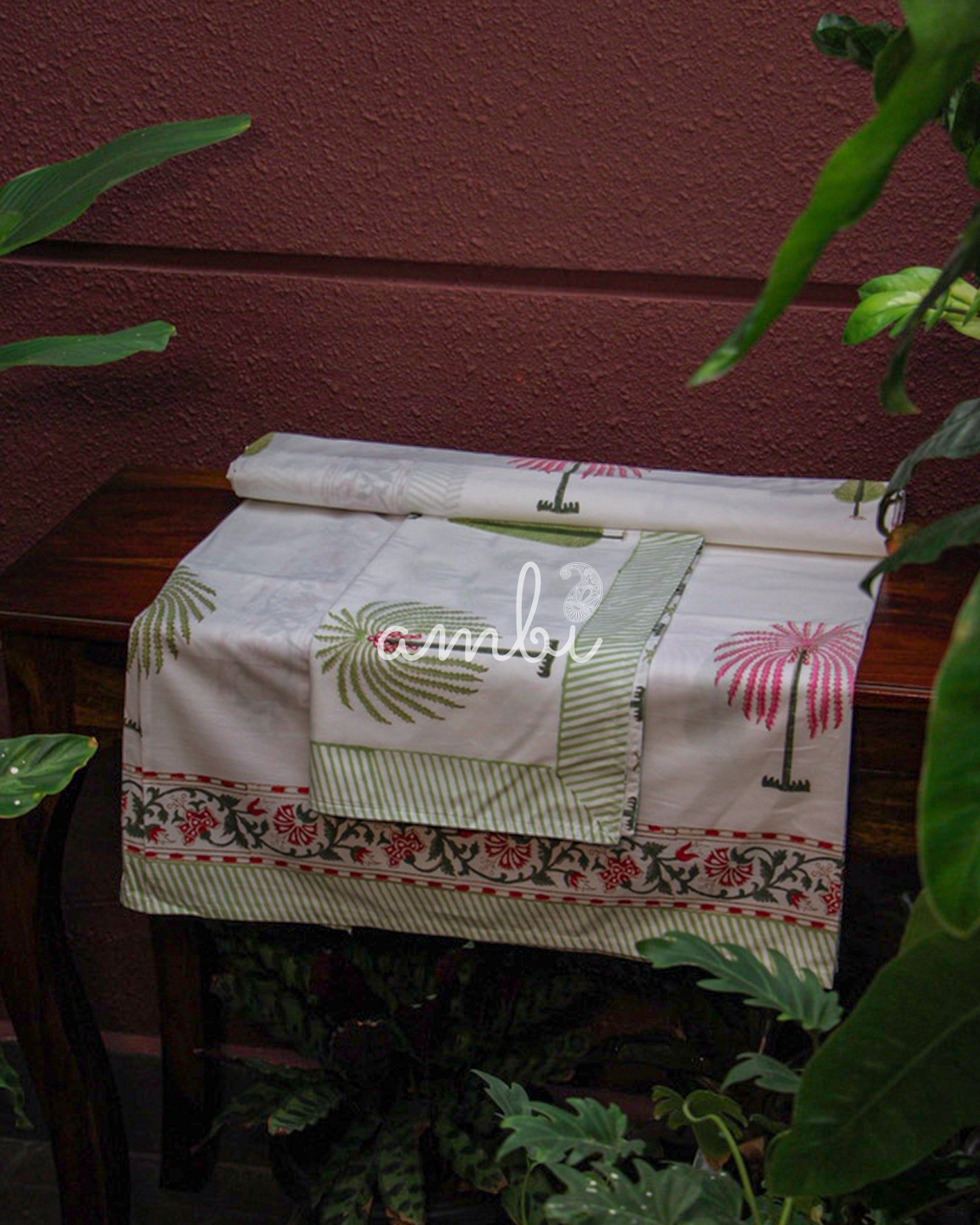 2026 Collection - Bed Sheet - Green Floral Jaipuri Hand Block Pure Cotton Parkhel Print Double Bedsheet with 2 Pillow Covers - 90X108 Inches