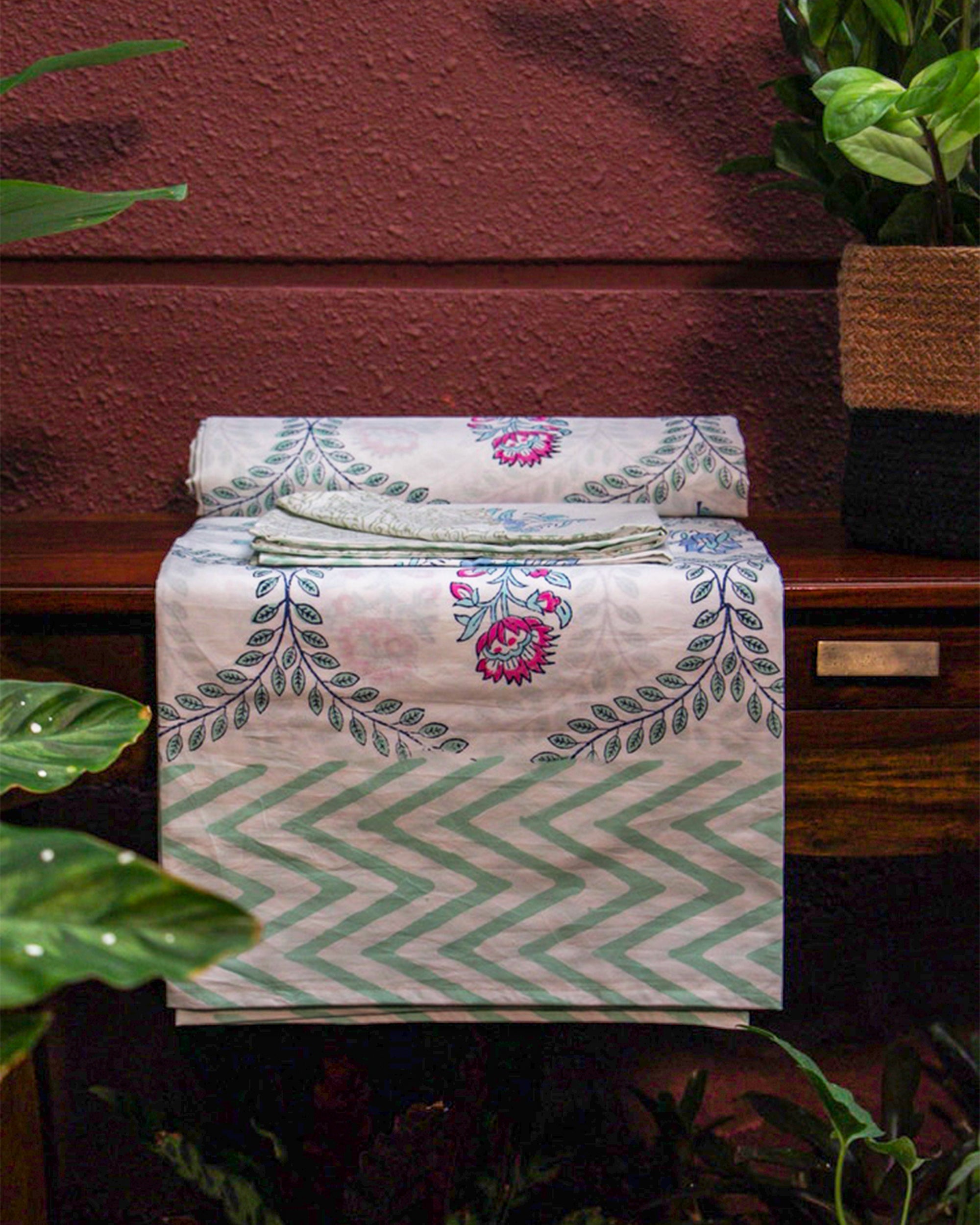 2026 Collection - Bedsheet - Pink Blossom Jaipuri Hand Block Pure Cotton Parkhel Print Double Bedsheet with 2 Pillow Covers - 108X108 Inches