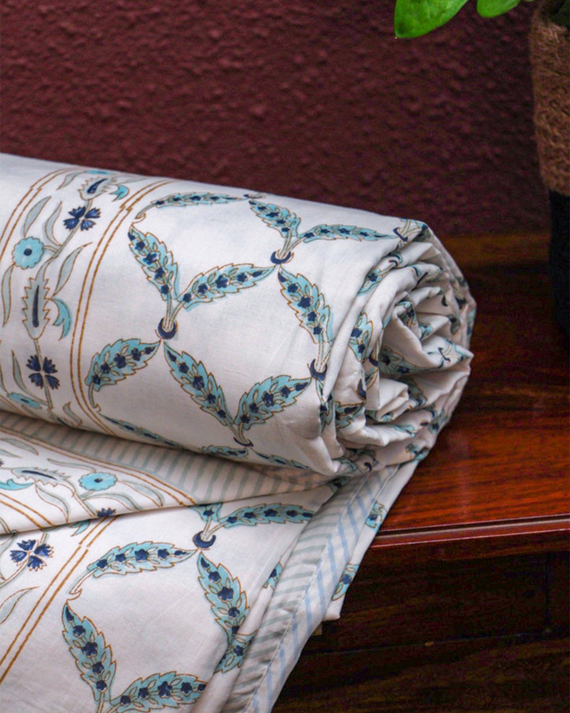 2026 Collection - Jaipuri Blue Floral Mulmul Triple Layer Reversible Dohar (Double Bed) - 90X108 Inches