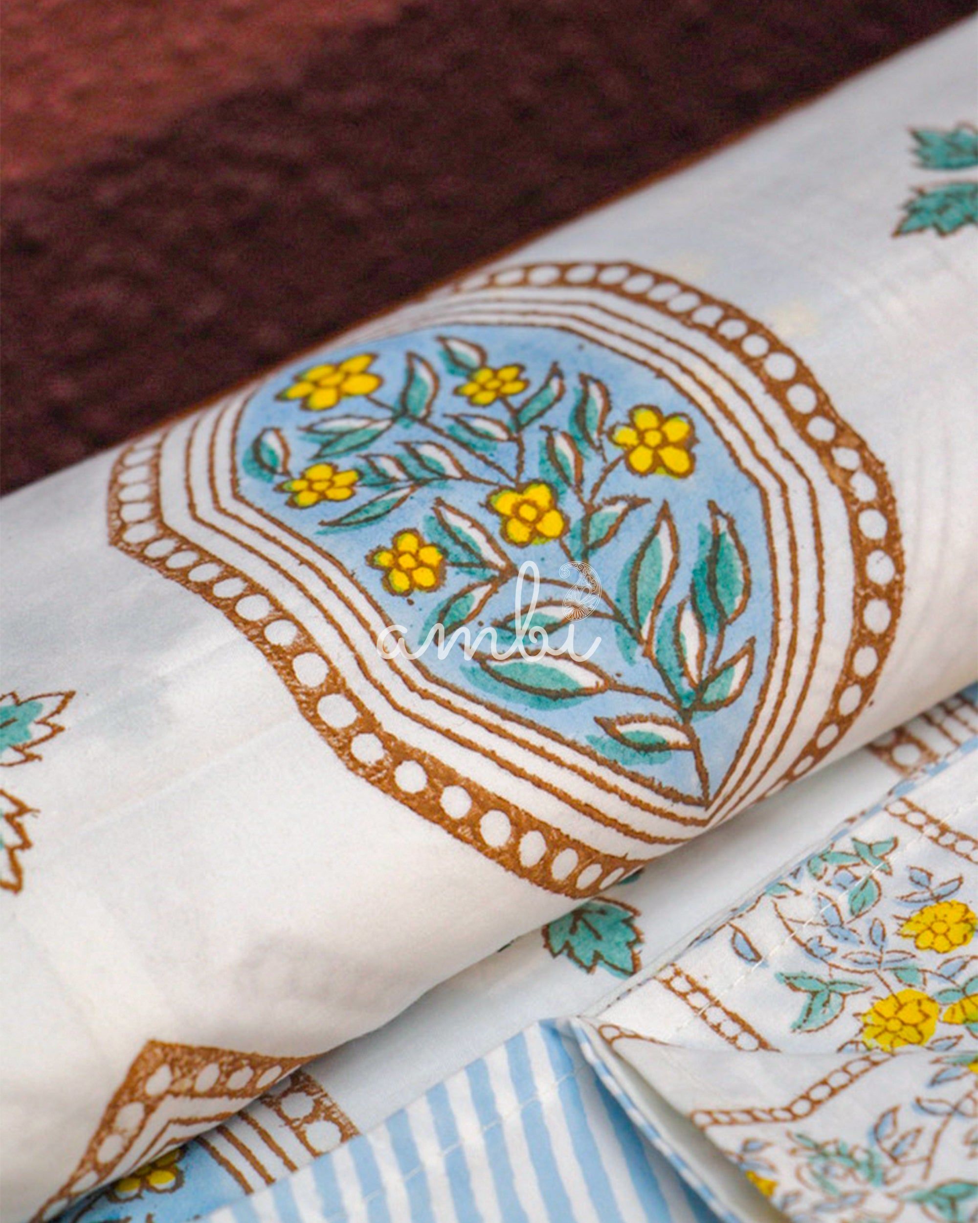 2026 Collection - Bed Sheet - Blue Floral Jaipuri Hand Block Pure Cotton Parkhel Print Double Bedsheet with 2 Pillow Covers - 90X108 Inches