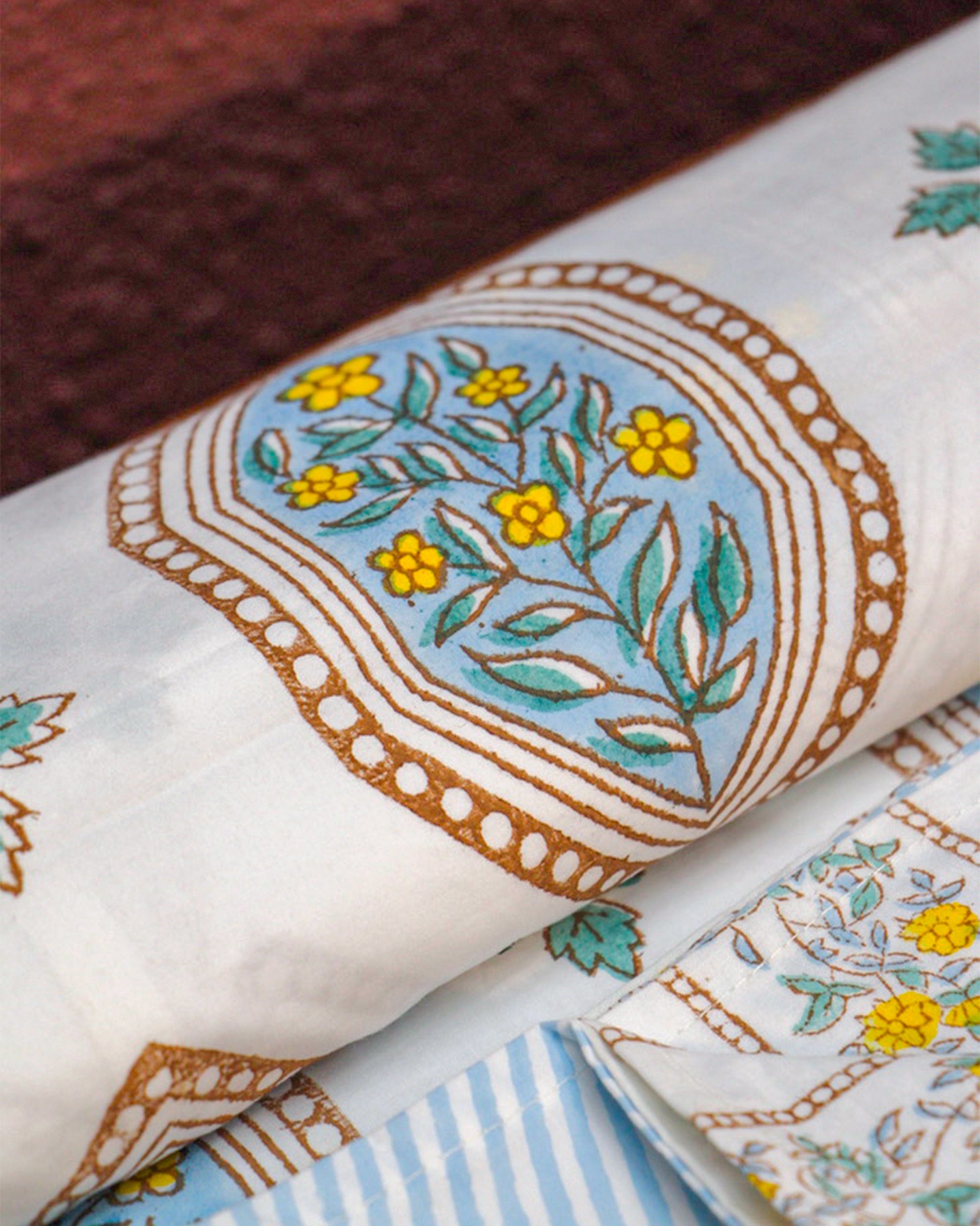2026 Collection - Bed Sheet - Blue Floral Jaipuri Hand Block Pure Cotton Parkhel Print Double Bedsheet with 2 Pillow Covers - 90X108 Inches