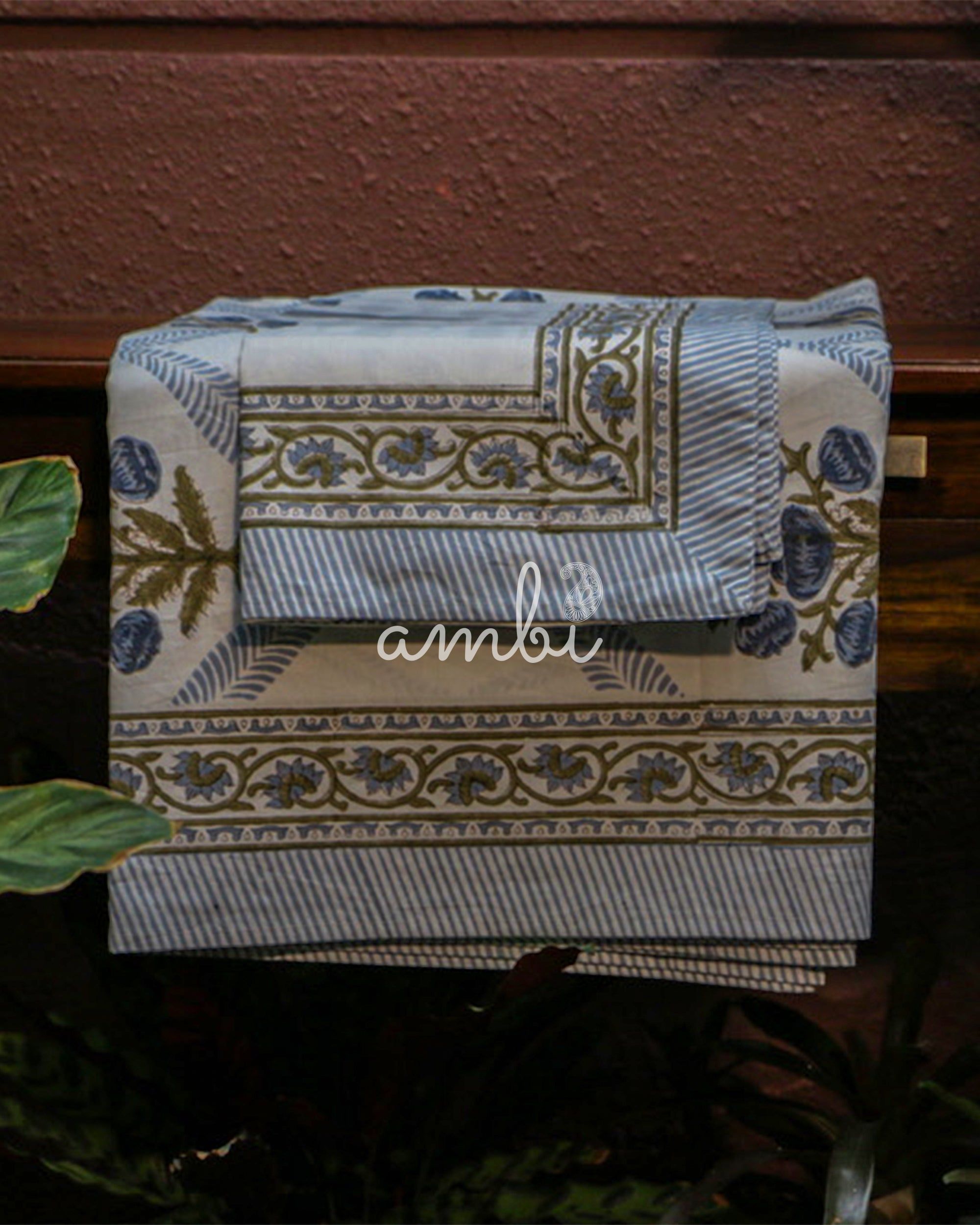 2026 Collection - Bed Sheet - Blue Blossom Jaipuri Hand Block Pure Cotton Parkhel Print Double Bedsheet with 2 Pillow Covers - 108X108 Inches