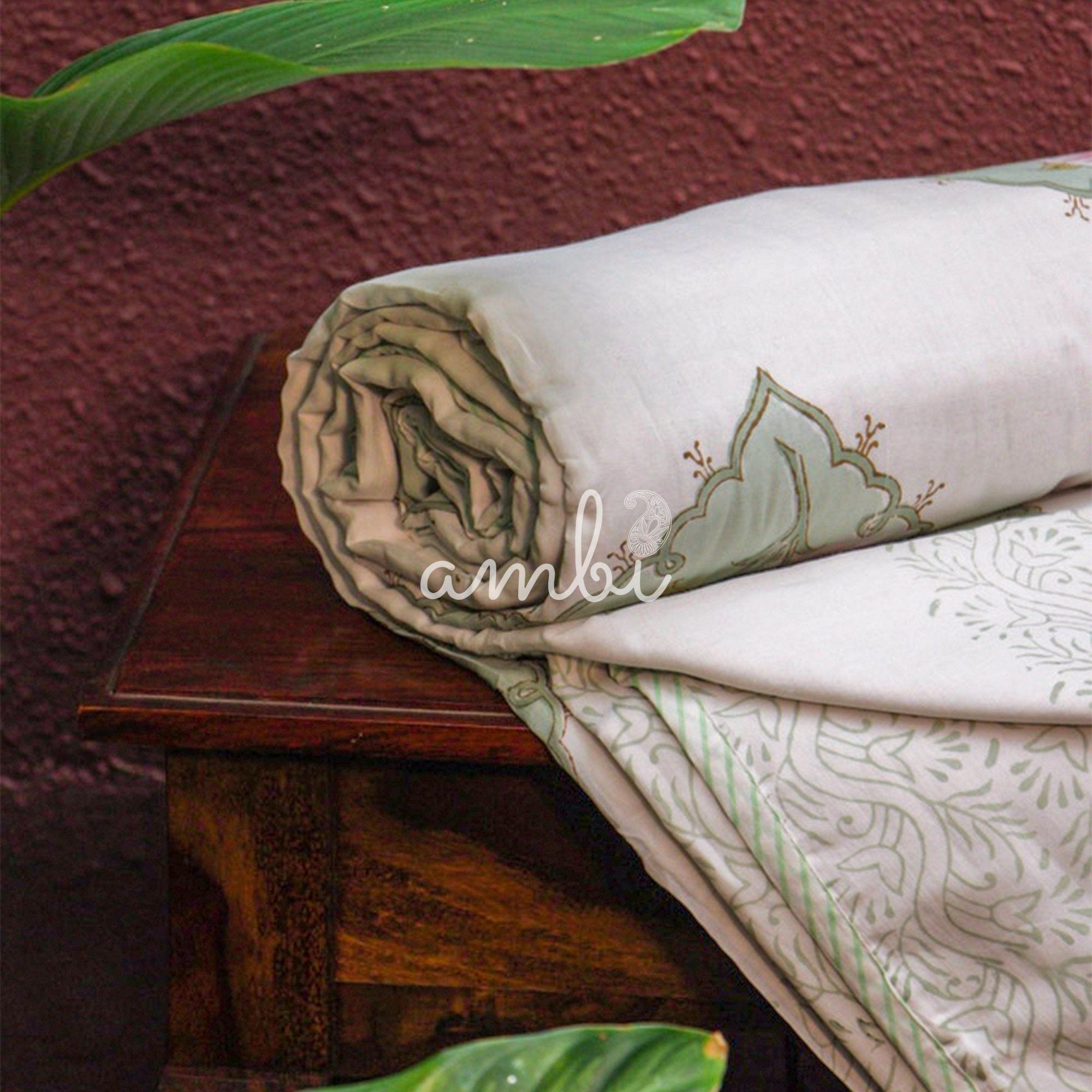 2026 Collection - Jaipuri Green Floral Mulmul Triple Layer Reversible Dohar (Double Bed) - 90X108 Inches