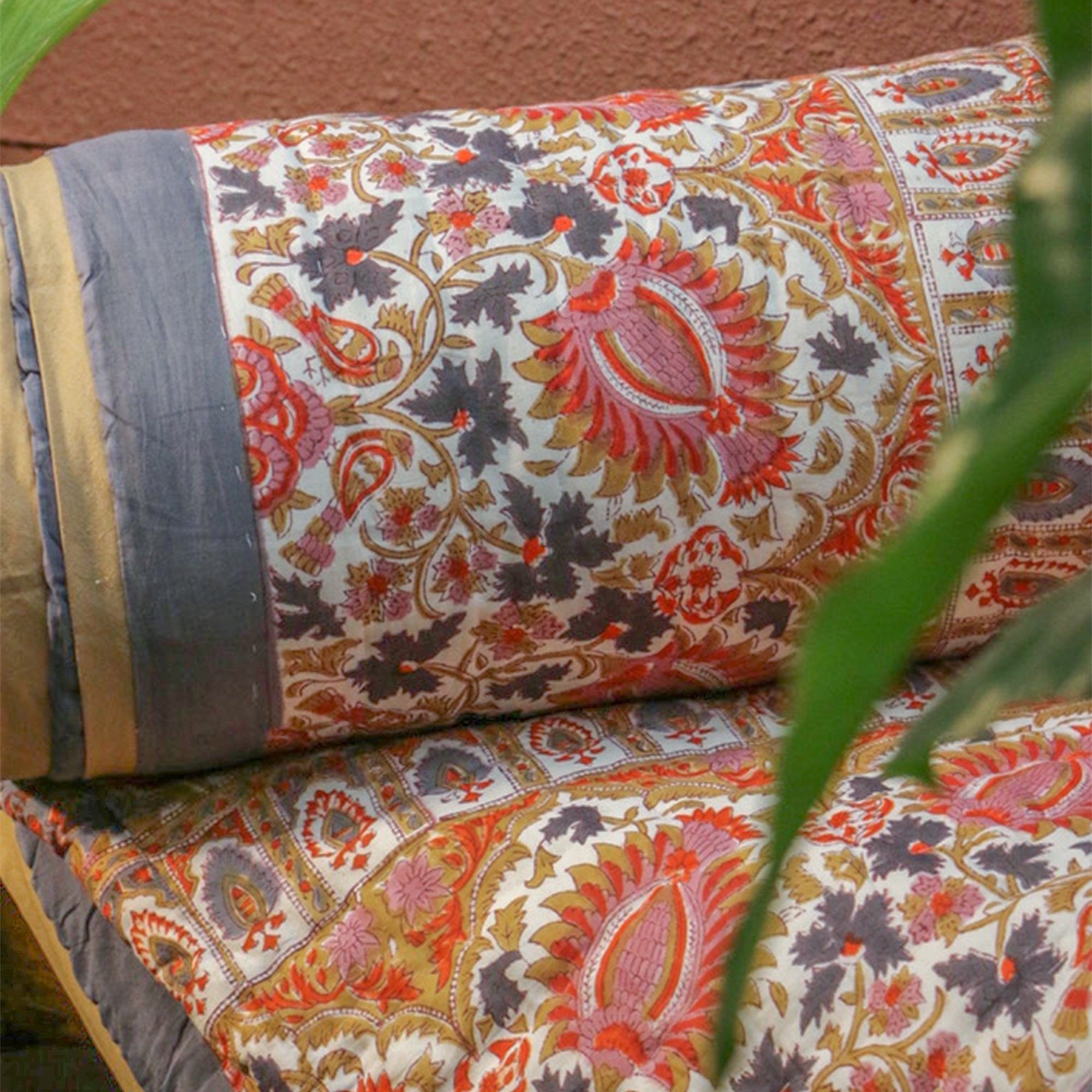 2026 Collection - Pink & Light Blue Hand Block Printed Jaipuri Rajai / Quilt- Double - 90X108 Inches