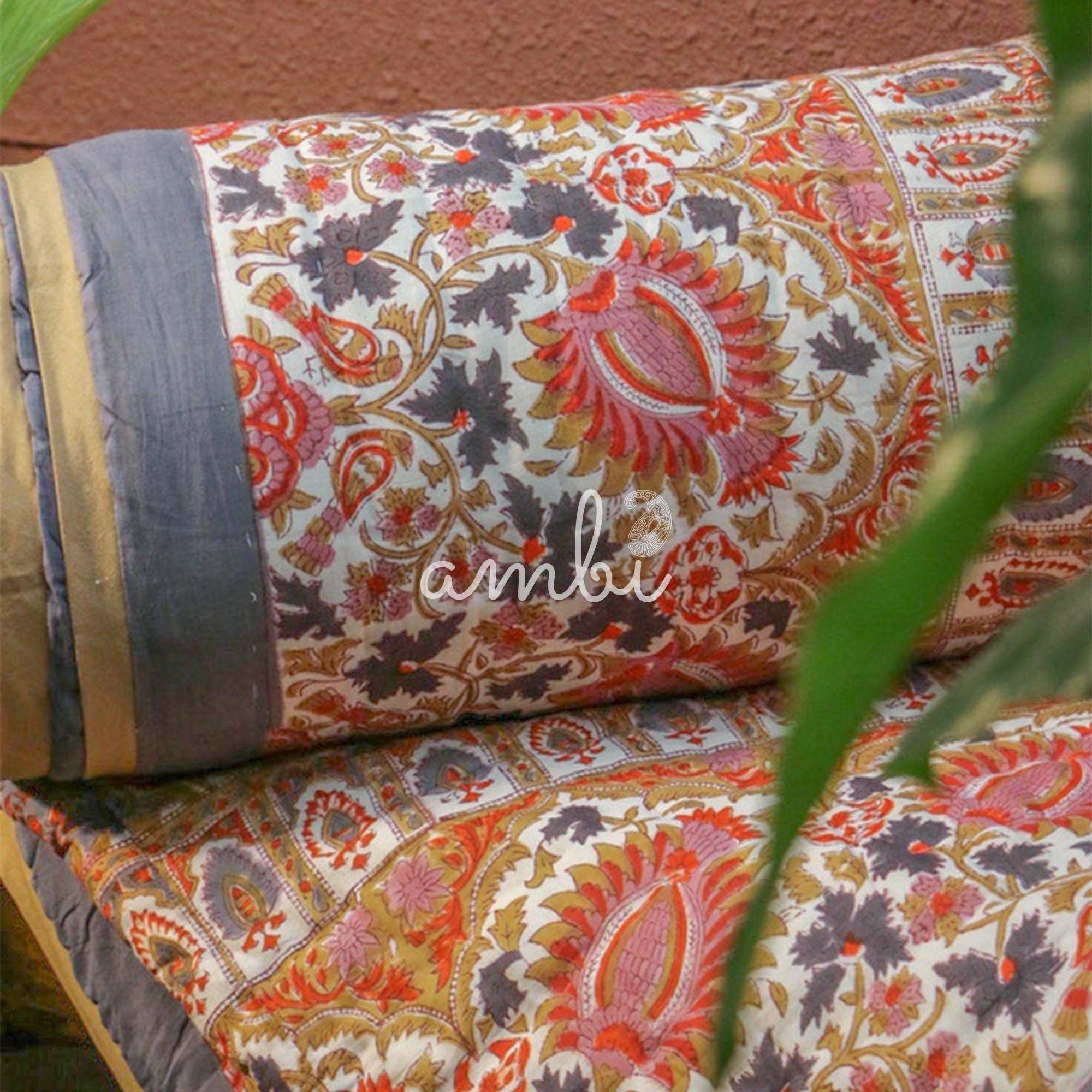 2026 Collection - Pink & Light Blue Hand Block Printed Jaipuri Rajai / Quilt- Double - 90X108 Inches