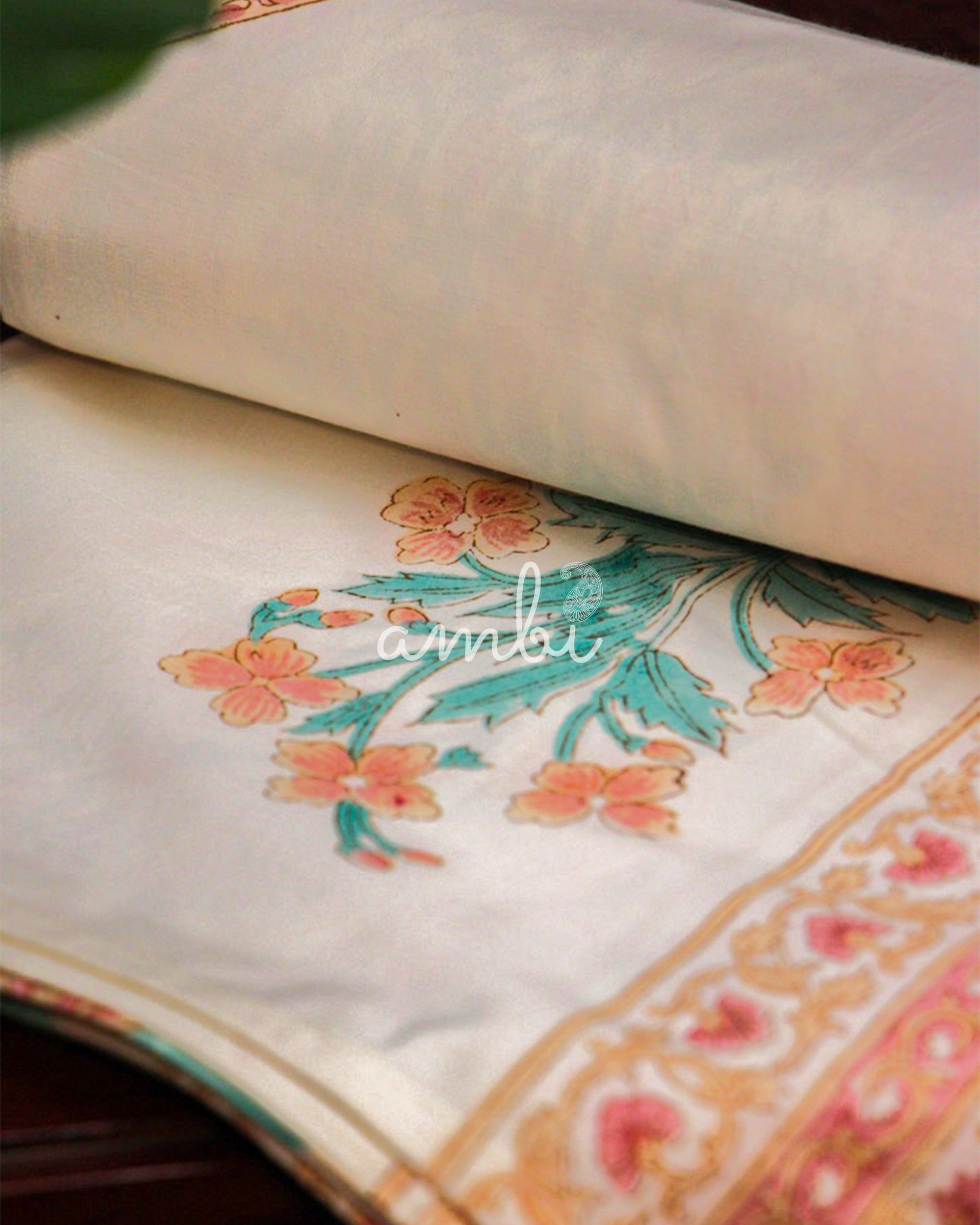 2026 Collection - Orange Blossom Jaipuri Hand Block Pure Cotton Parkhel Print Double Bedsheet with 2 Pillow Covers - 108X108 Inches