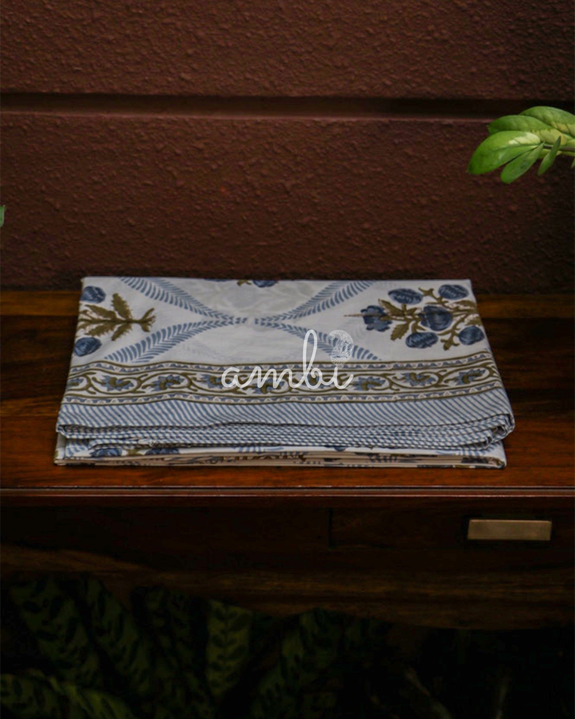 2026 Collection - Bed Sheet - Blue Blossom Jaipuri Hand Block Pure Cotton Parkhel Print Double Bedsheet with 2 Pillow Covers - 108X108 Inches