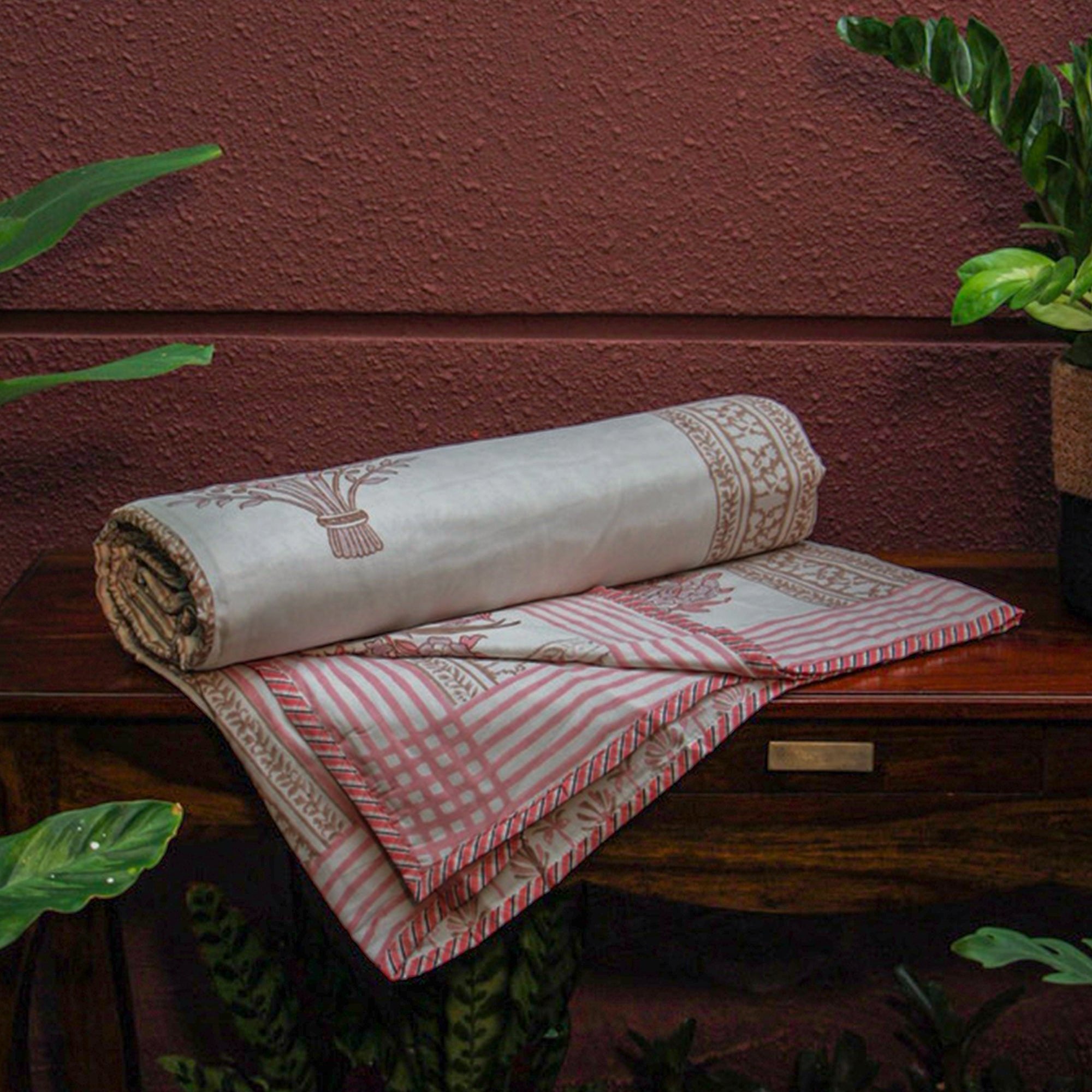 2026 Collection - Jaipuri Pink Parrot Mulmul Triple Layer Reversible Dohar (Double Bed) - 90X108 Inches