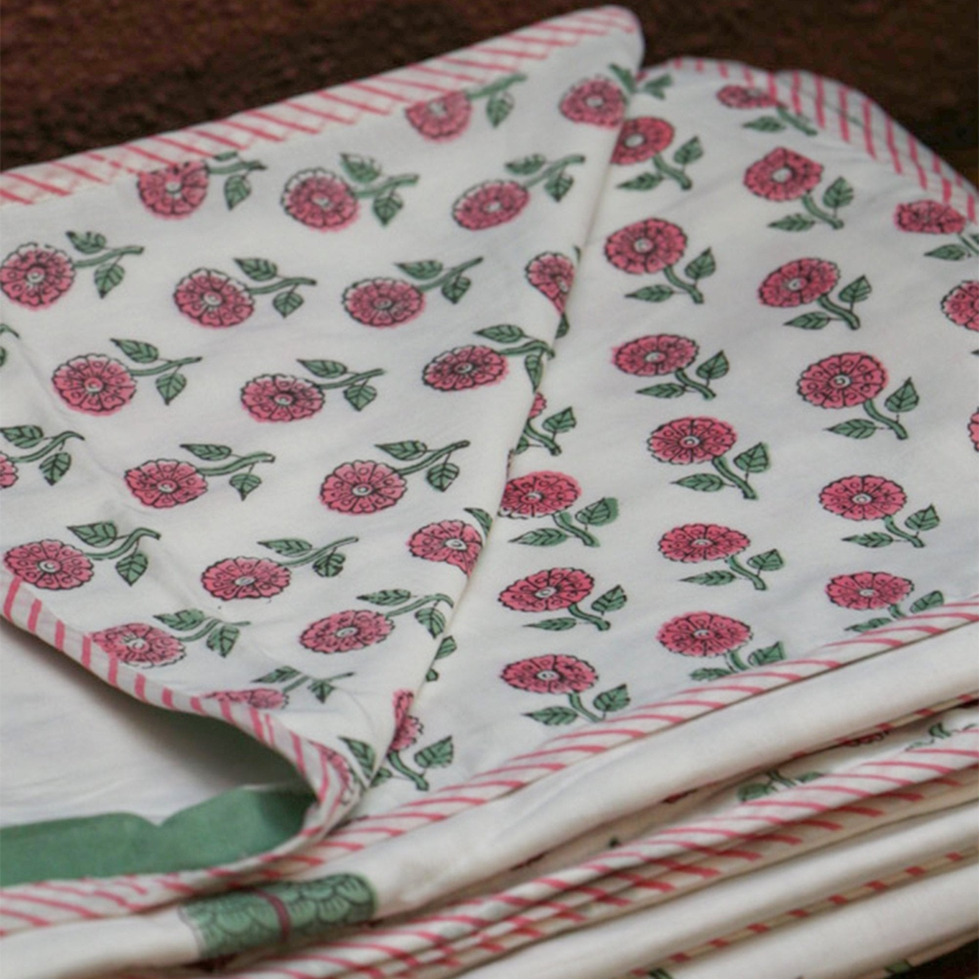 2026 Collection - Jaipuri Pink Motif Floral Mulmul Triple Layer Reversible Dohar (Double Bed) - 90X108 Inches